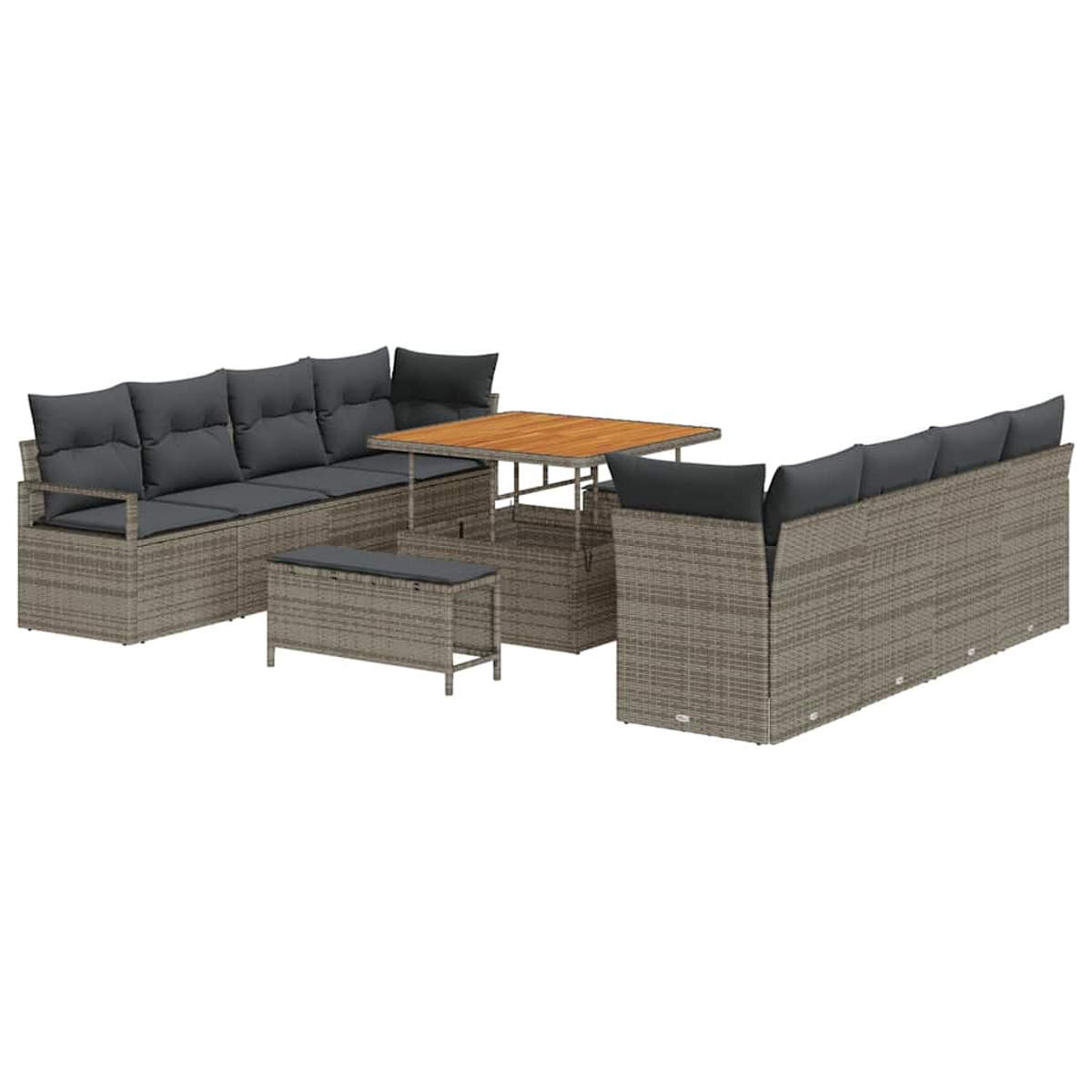 Set di mobili da esterno: divano ad angolo, panca, tavolo. Vimini grigio con cuscini grigio scuro. Piano del tavolo in legno.