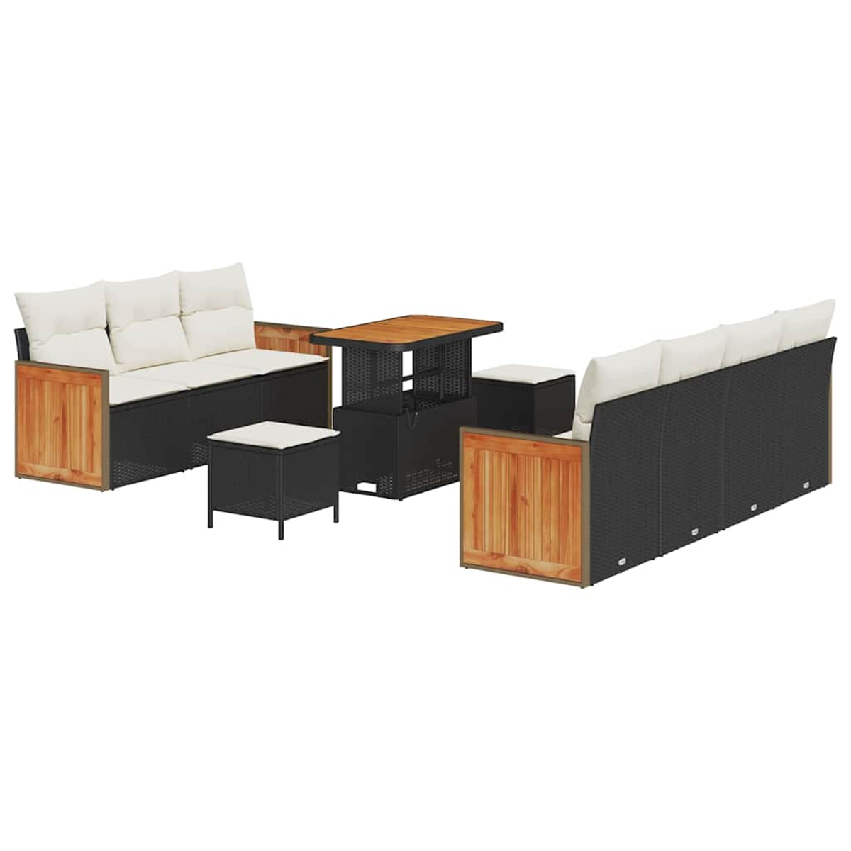 Set di mobili da esterno: due divani, due pouf, un tavolo e uno sgabello quadrato. Lati neri intrecciati con dettagli in legno e cuscini bianchi.