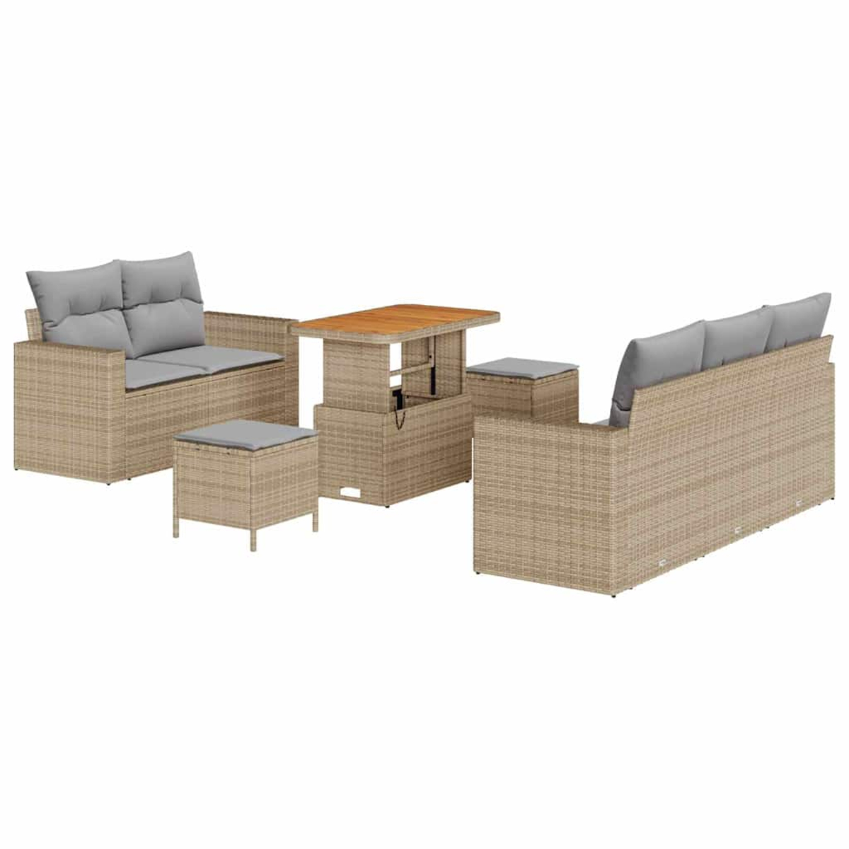 Set di mobili da esterno in vimini: due divani, due pouf e un tavolo. Vimini beige con cuscini grigi.