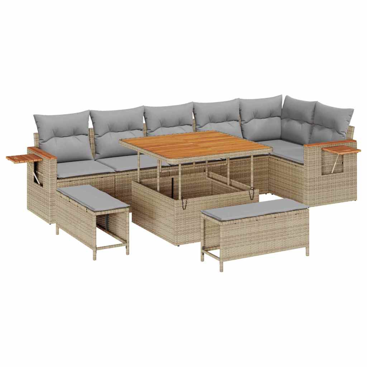 Un set di mobili da esterno in rattan. Include un divano grande, un tavolo e due panche, tutti con cuscini grigi. Il tavolo ha un piano in legno.