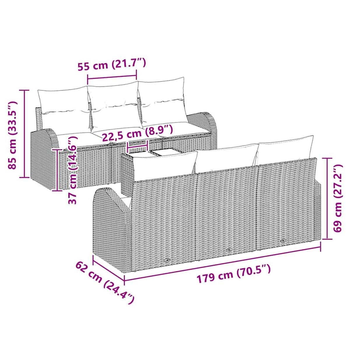 Ein Ecksofa-Set in einem Diagramm mit Maßen. Es umfasst ein 3-Sitzer-Sofa, ein 2-Sitzer-Sofa und einen kleinen Tisch.
