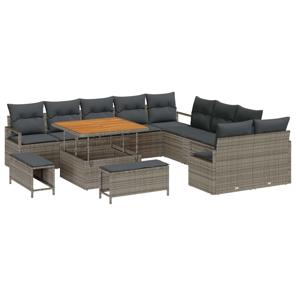 Set divano componibile da esterno con cuscini grigi e tavolo in legno. Include pouf e design angolare, su sfondo bianco.