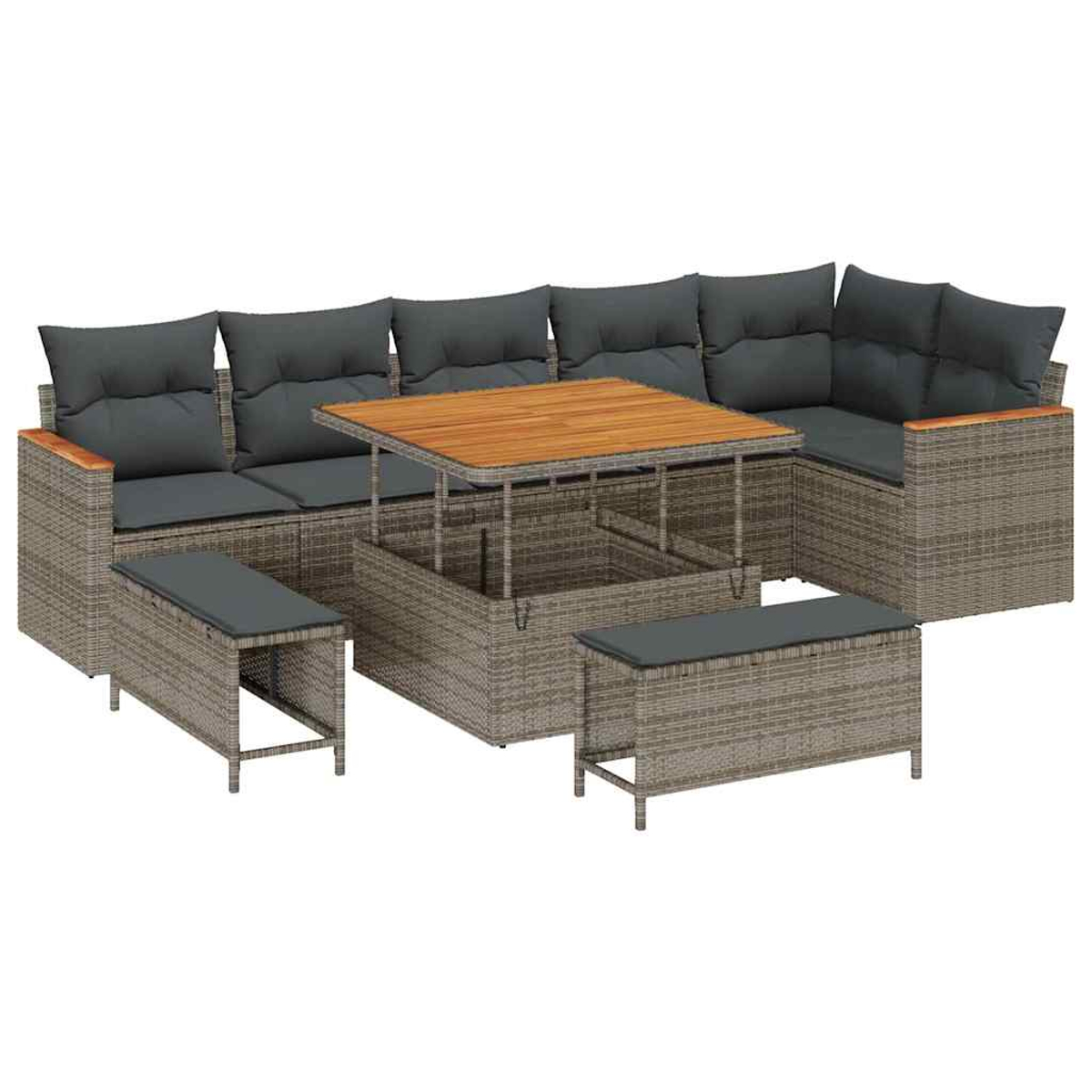 Outdoor-Sofa-Set mit grauen Kissen, Holztisch und zwei Bänken auf weißem Hintergrund.
