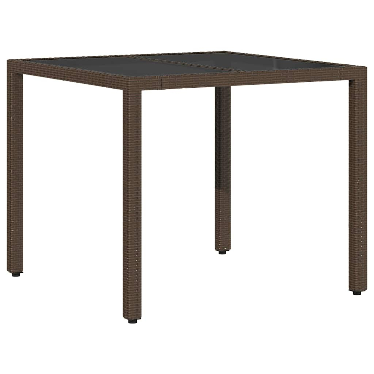 Ein quadratischer, brauner Tisch mit schwarzer Glasplatte. Er hat vier Beine und besteht aus gewebtem Material.
