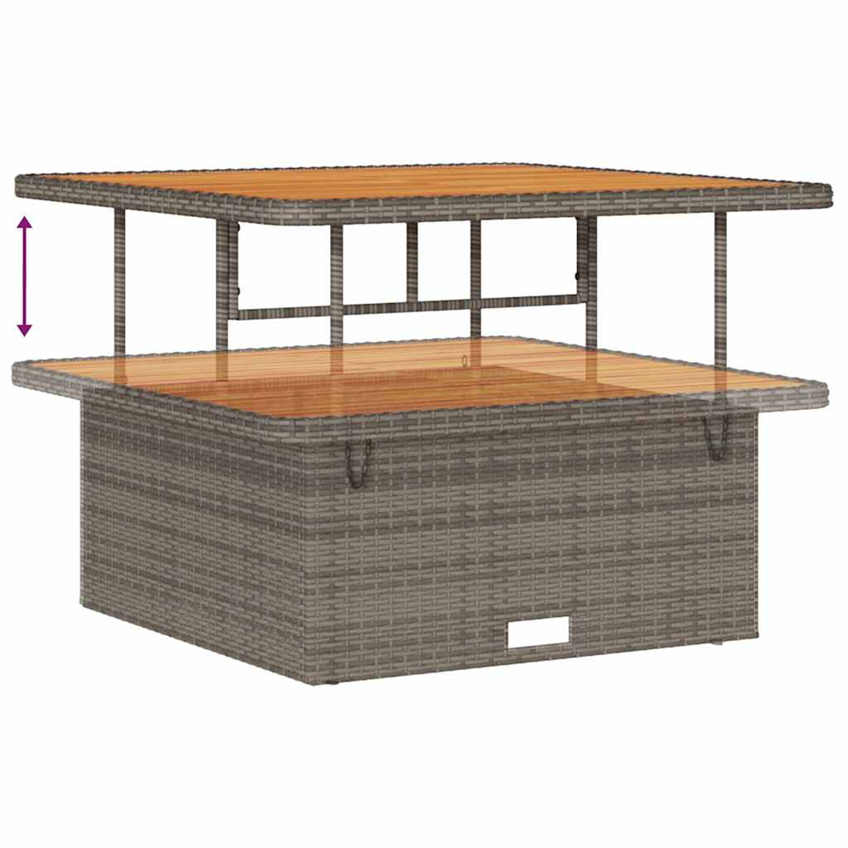 Un tavolo da bar quadrato con piano in legno marrone chiaro e base grigia intrecciata. La parte superiore ha un secondo livello.