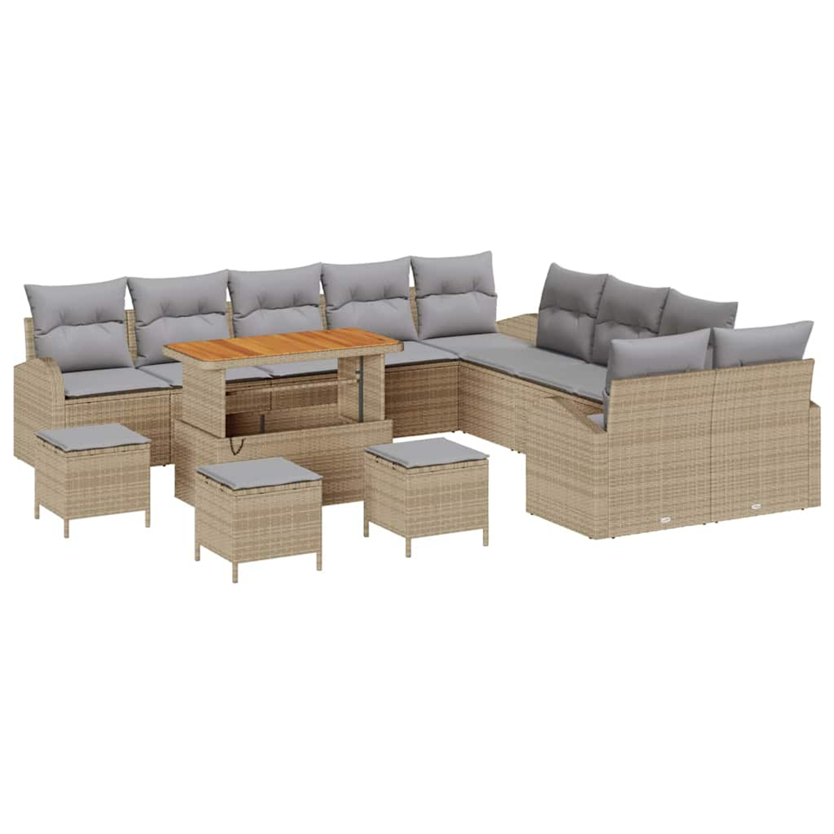 Divano componibile da esterno in vimini con cuscini grigi e tavolo in legno, include pouf.