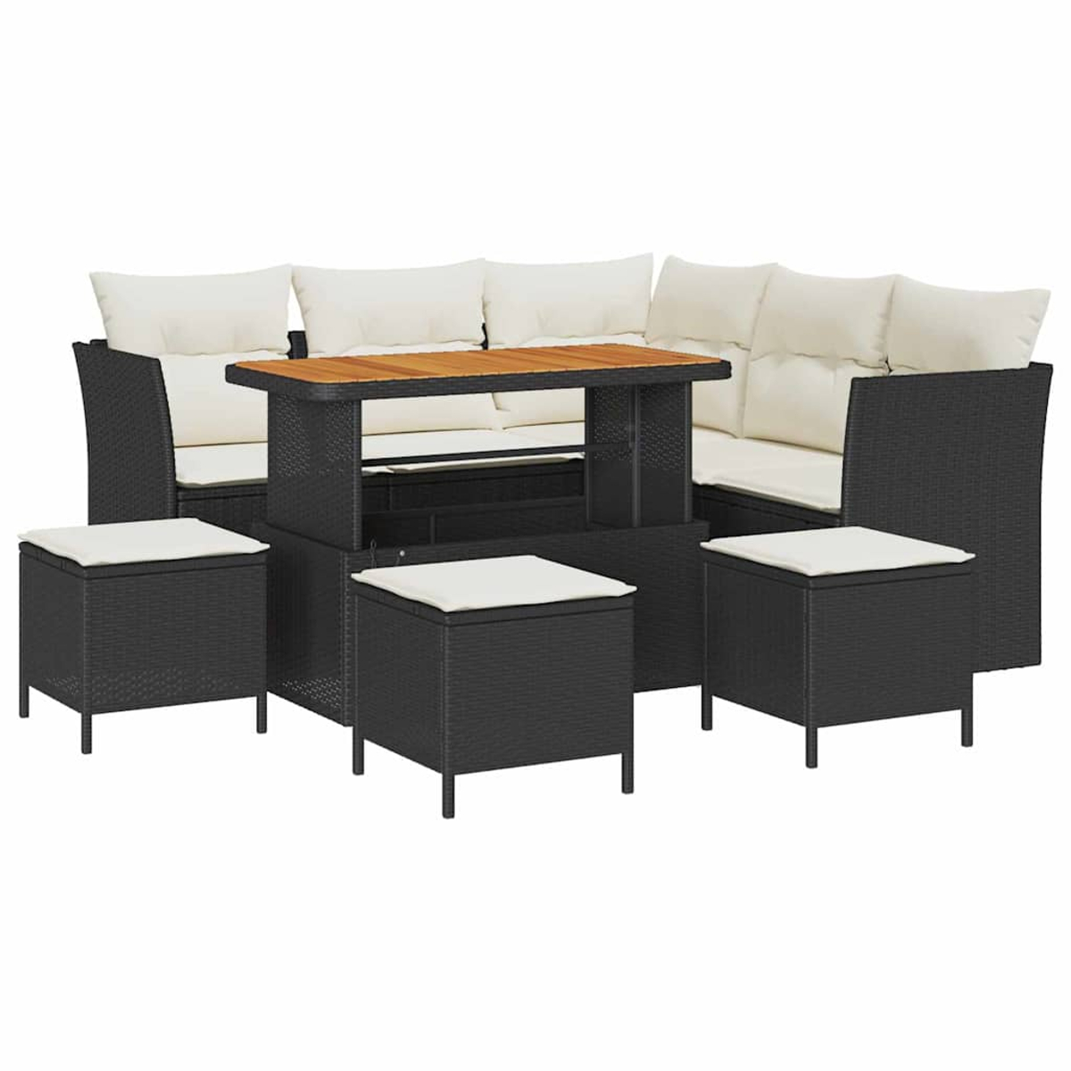 Set di mobili da esterno: divano e sedie in vimini nero con cuscini color crema e un tavolo in legno, su sfondo bianco.