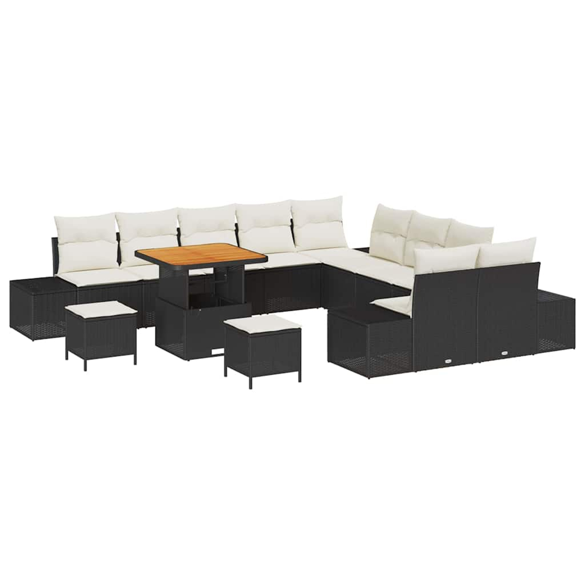 Set di mobili da esterno: divano componibile nero in stile vimini con cuscini bianchi, tavolo in legno e pouf abbinati. Isolato su bianco.