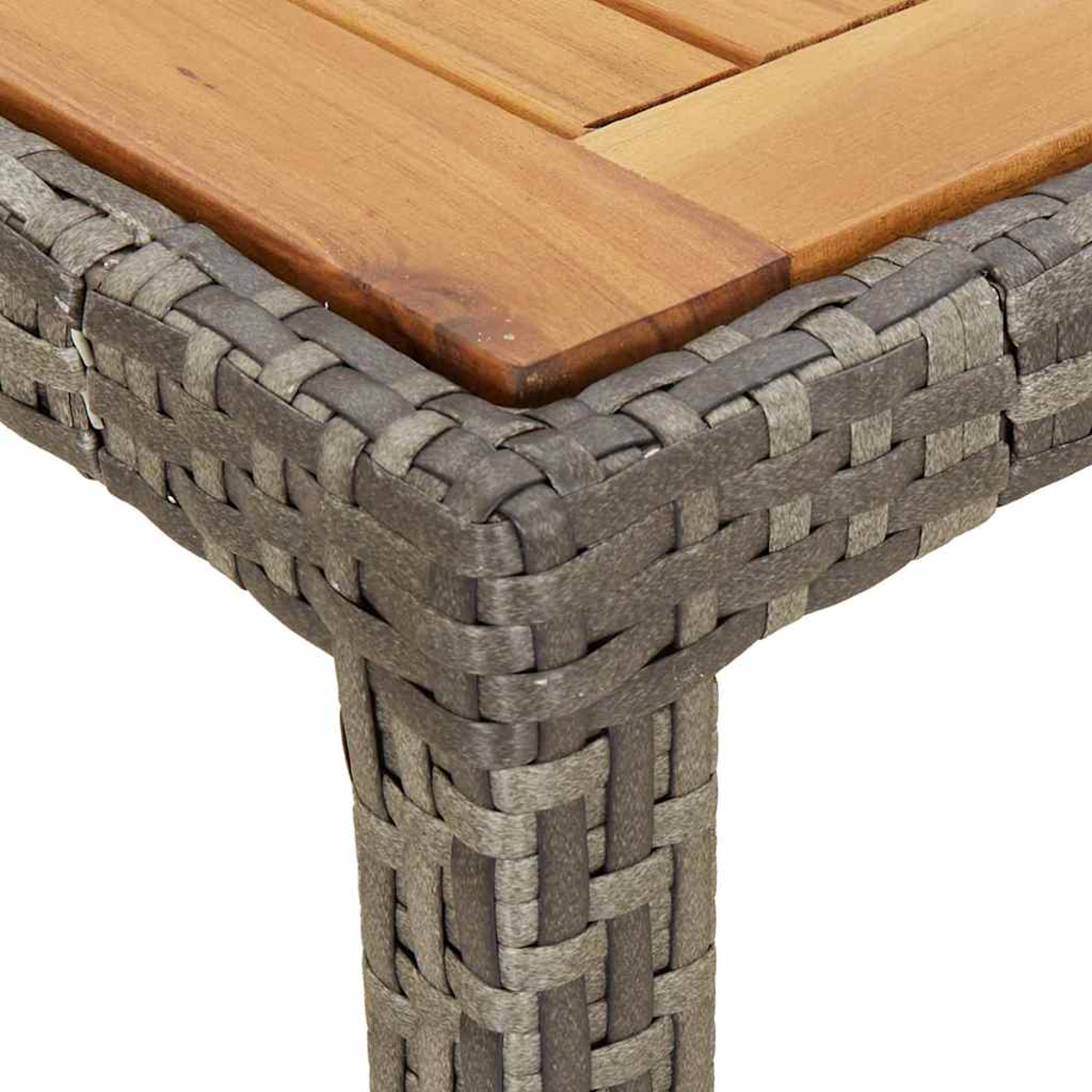 Nahaufnahme einer Tischkante. Holzplatte mit gewebtem grauem Material am Rand und am Bein, das eine detaillierte Textur zeigt.