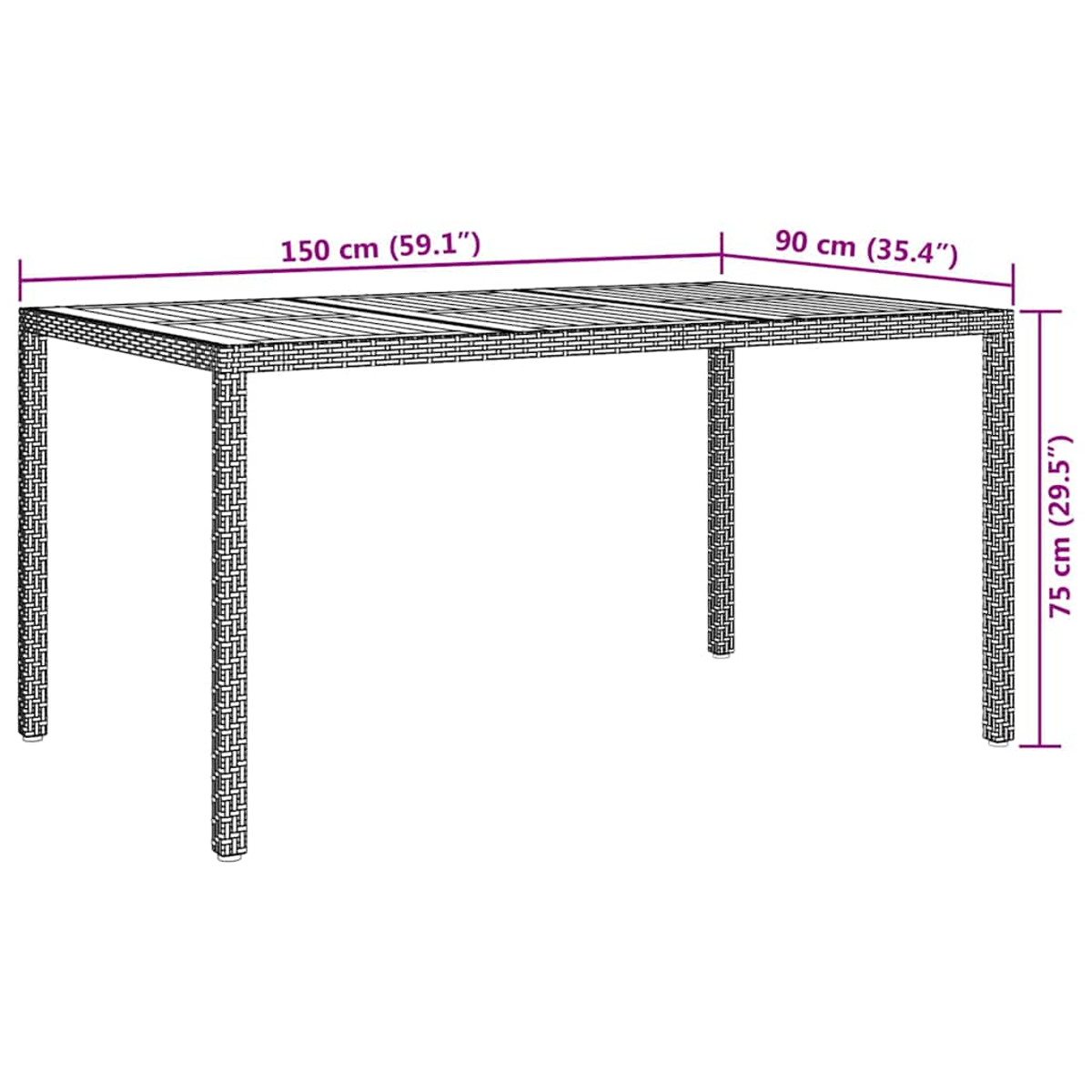 Ein rechteckiger Tisch mit Maßangaben. Die Oberseite ist 150 cm x 90 cm groß und die Höhe beträgt 75 cm. Der Tisch ist braun mit detailliertem Muster.