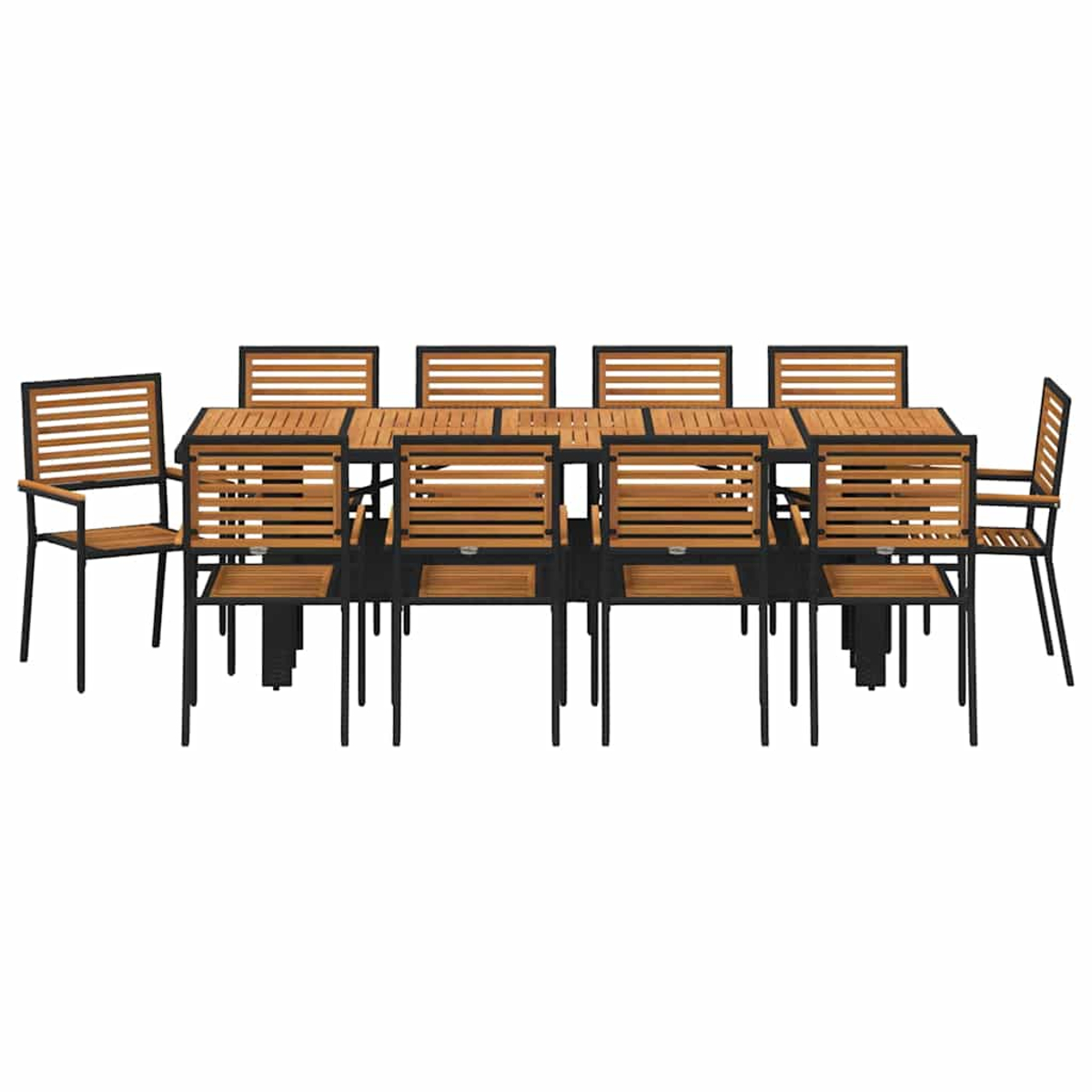 Ein großes Esszimmerset für den Außenbereich mit einem langen Holztisch und zehn Stühlen. Die Stühle haben Holzlatten und schwarze Metallrahmen.