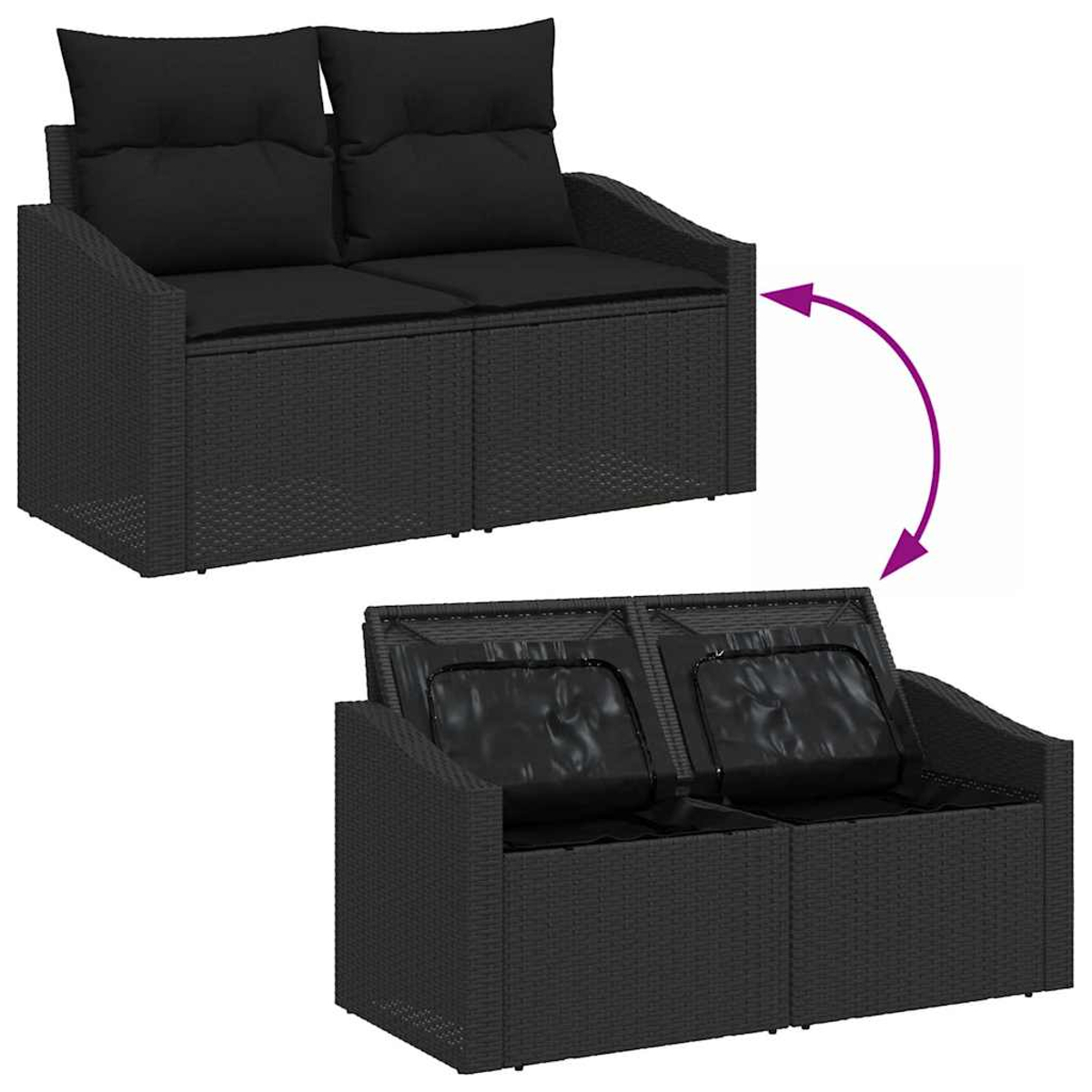 Zwei schwarze Korbsessel, einer mit Kissen, der andere offen. Lila Pfeil zeigt die Öffnungs- und Schließaktion des Sofas.
