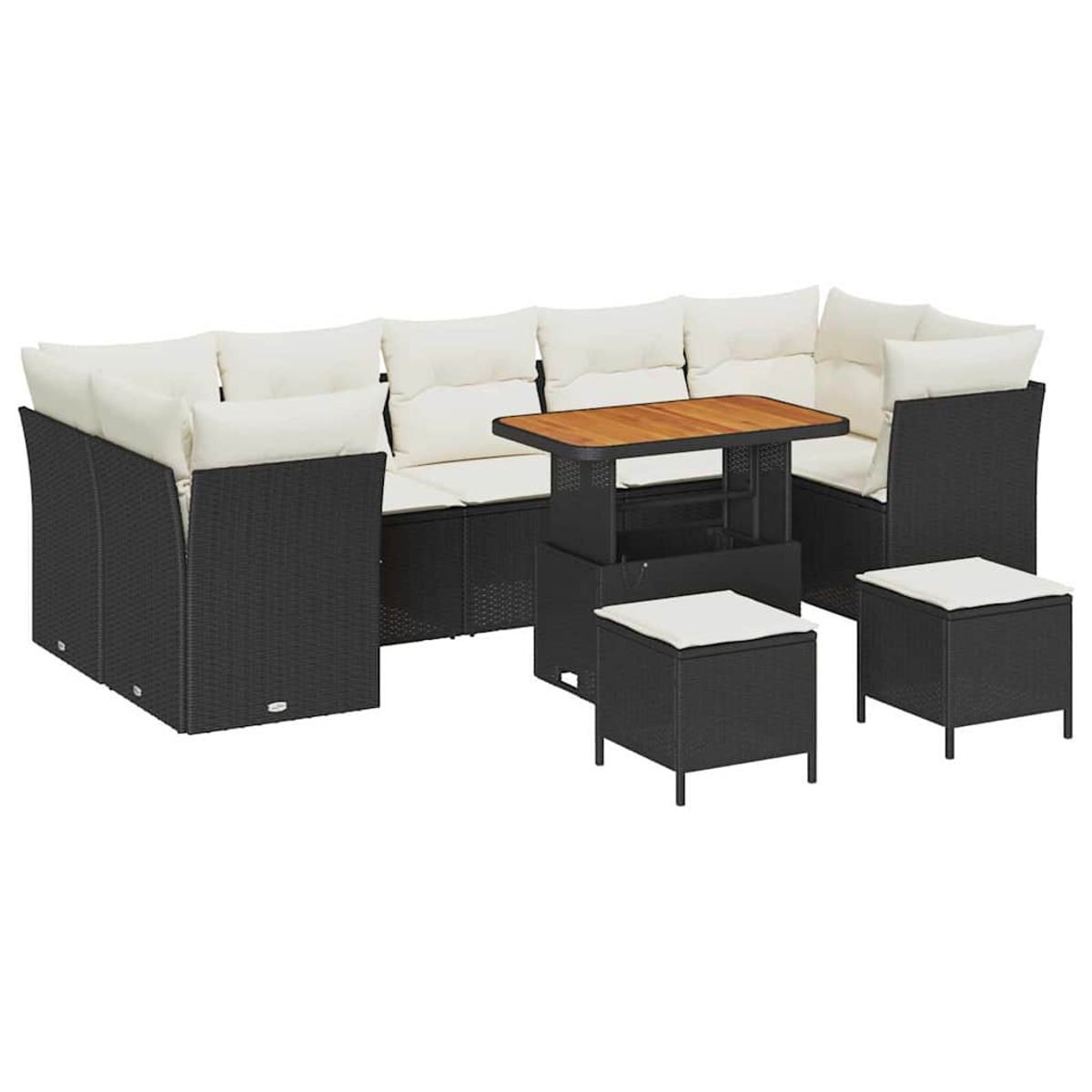 Un set di mobili da esterno in vimini nero con cuscini bianchi. Include un divano componibile, un tavolo e due pouf.
