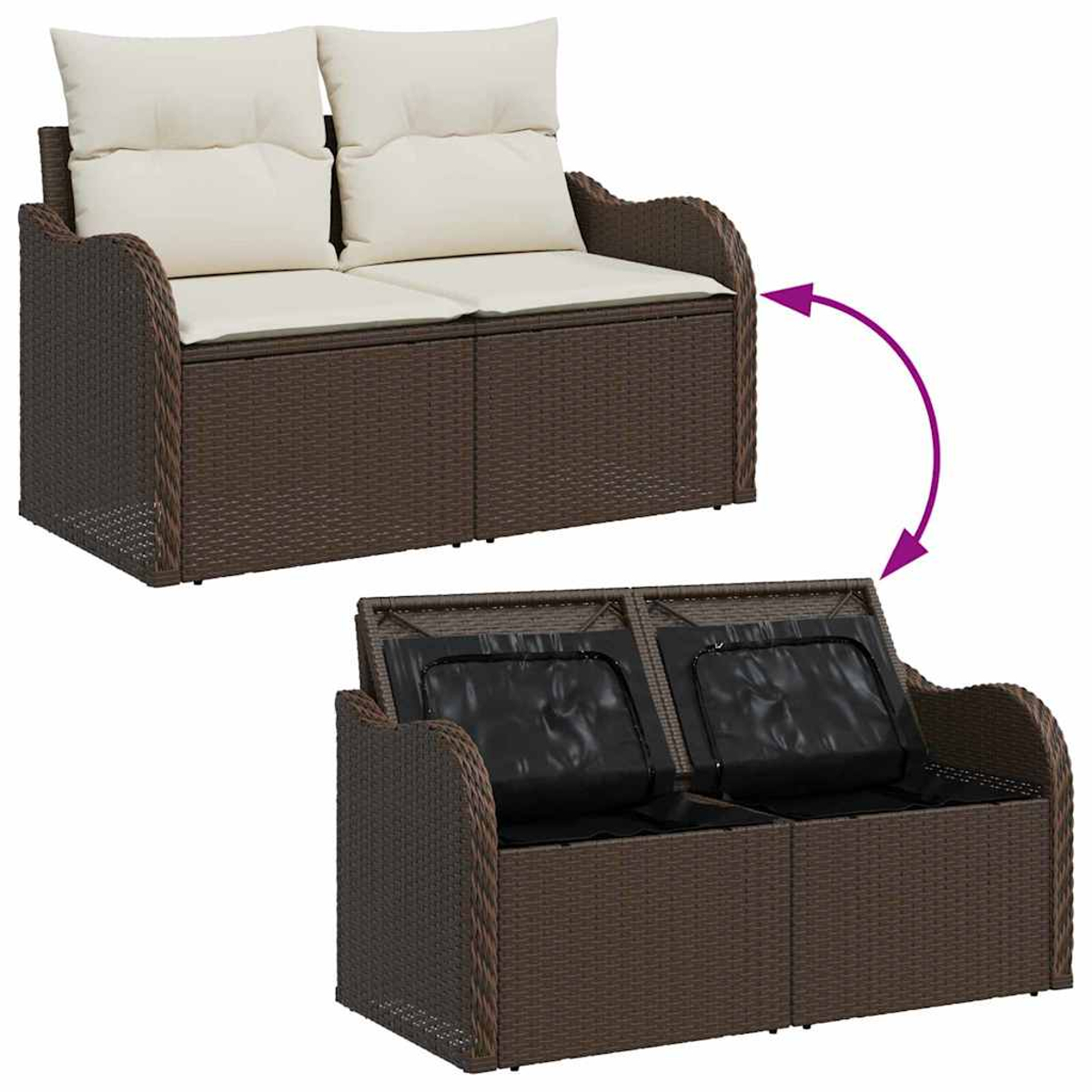 Ein braunes Rattan-Zweisitzer-Sofa mit cremefarbenen Kissen oben. Der untere Teil zeigt bei geöffnetem Zustand schwarze Stauräume.