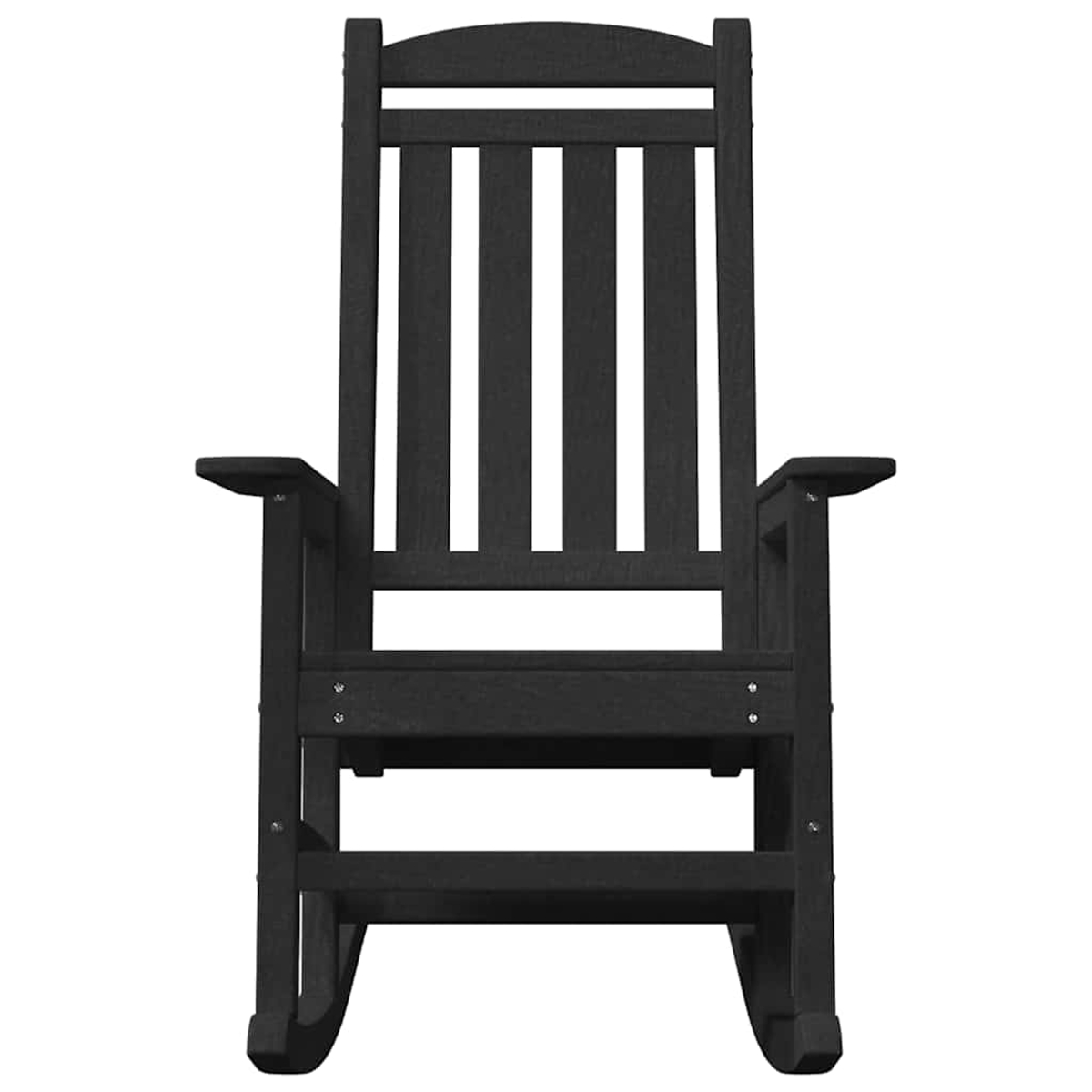 Una mecedora de madera negra. Tiene respaldo de listones y reposabrazos. La silla está sobre un fondo blanco.