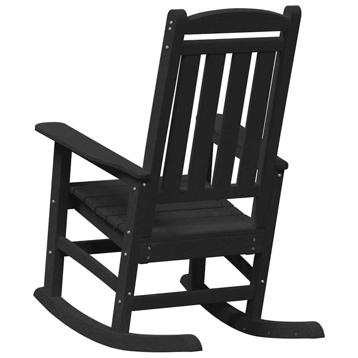 Una mecedora de madera negra. La silla está hecha de listones de madera verticales y horizontales. Tiene reposabrazos y una base curva.