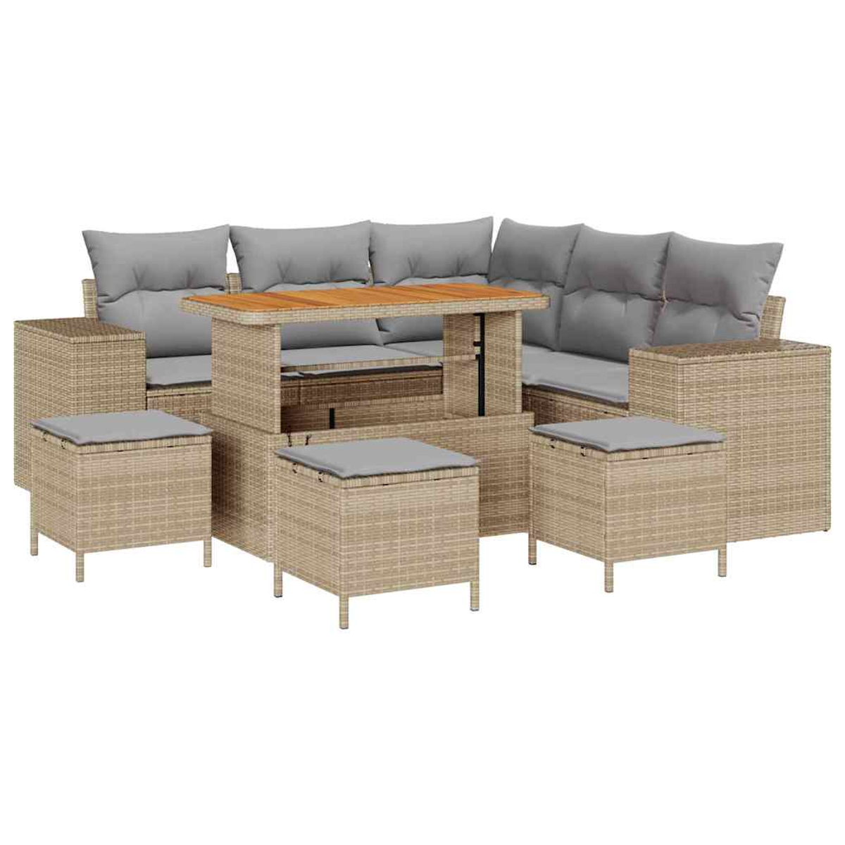 Divano angolare da esterno in vimini con cuscini grigi e tavolo in legno. Include pouf con cuscini grigi. Mobili in vimini beige.
