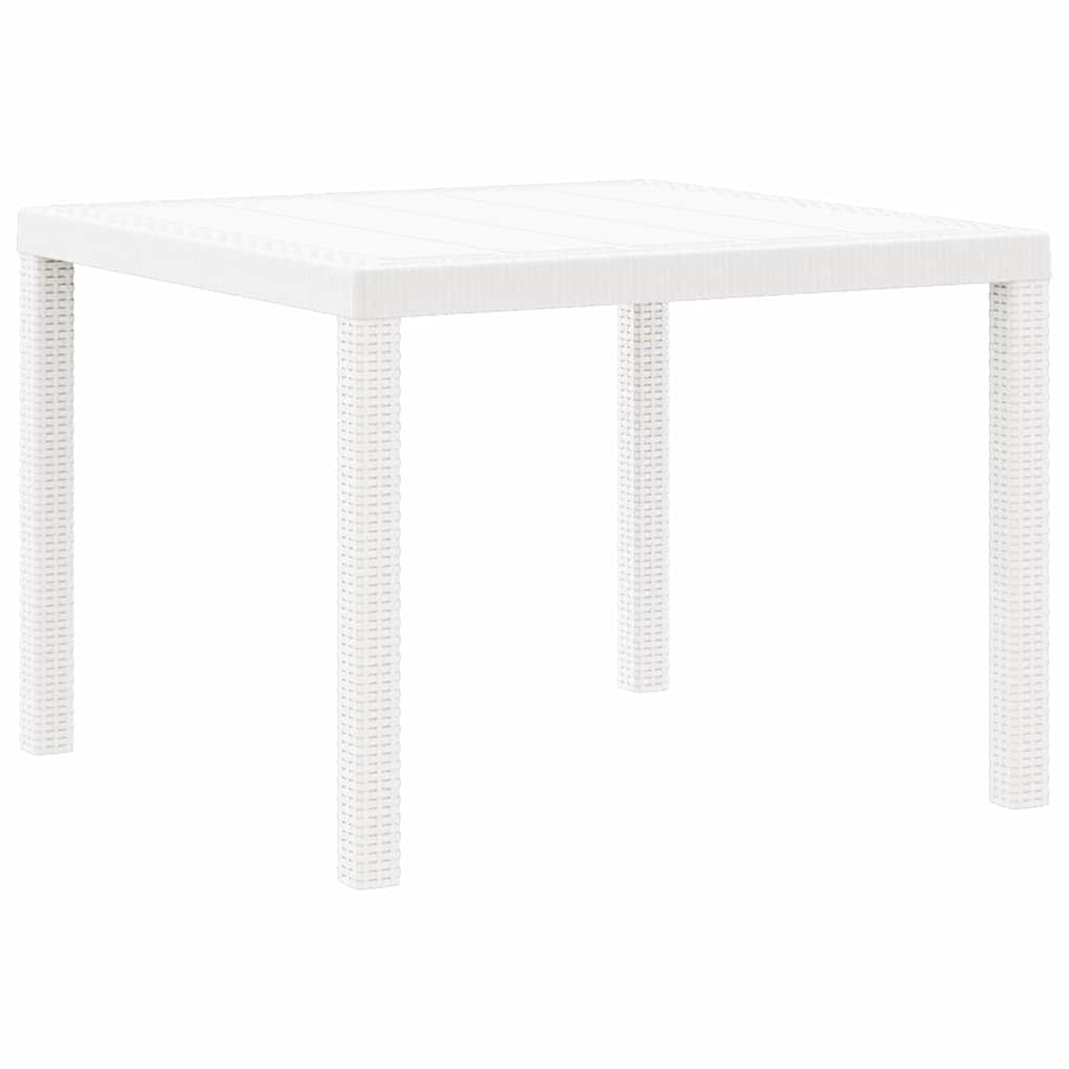 Ein weißer quadratischer Tisch mit gewebten Beinen und einer gewebten Oberseite. Der Tisch steht allein vor einem weißen Hintergrund.