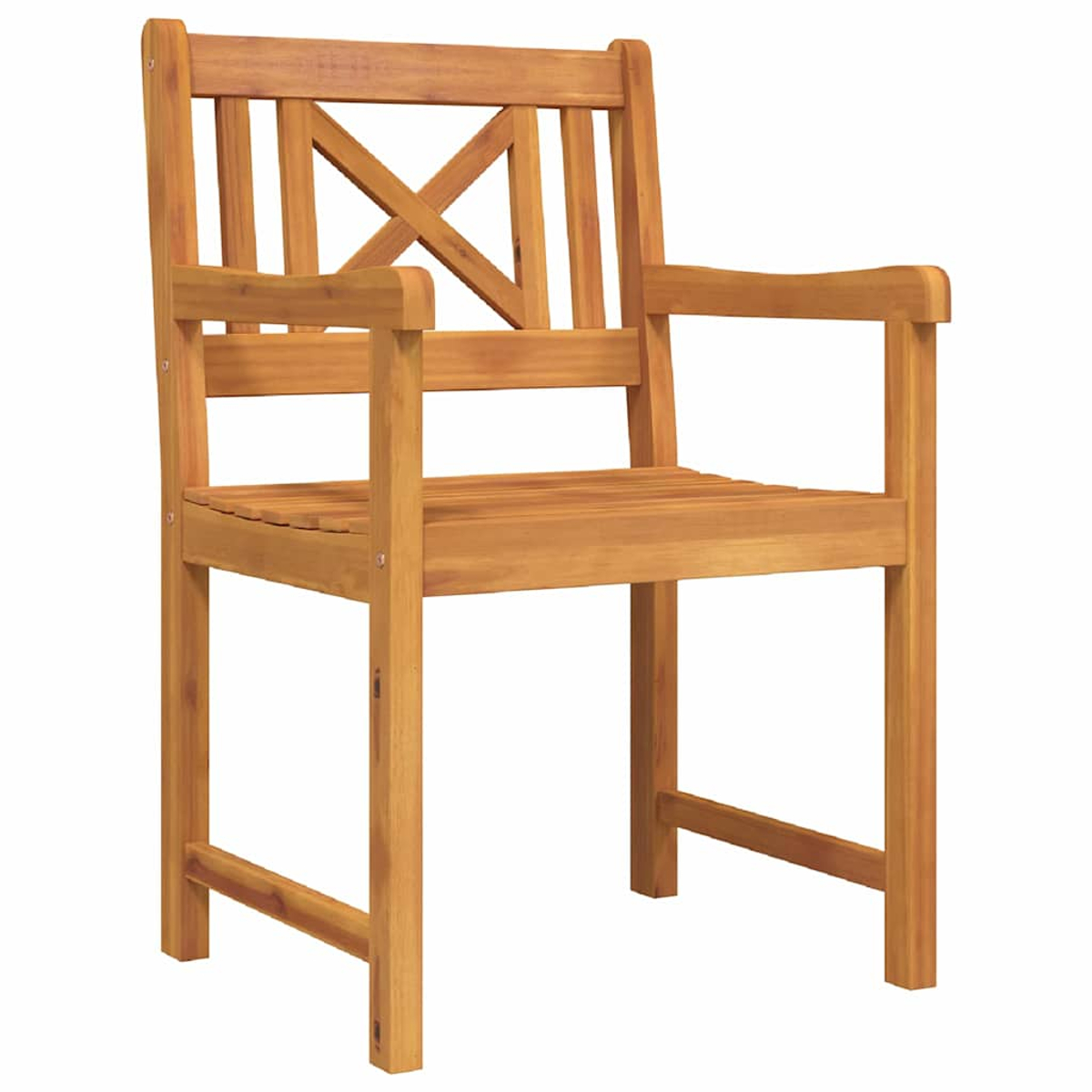 Holzstuhl mit Armlehnen. Der Stuhl hat eine Sitzfläche und Rückenlehne mit Lamellen und einem X-förmigen Design. Hellbraun, vor weißem Hintergrund.