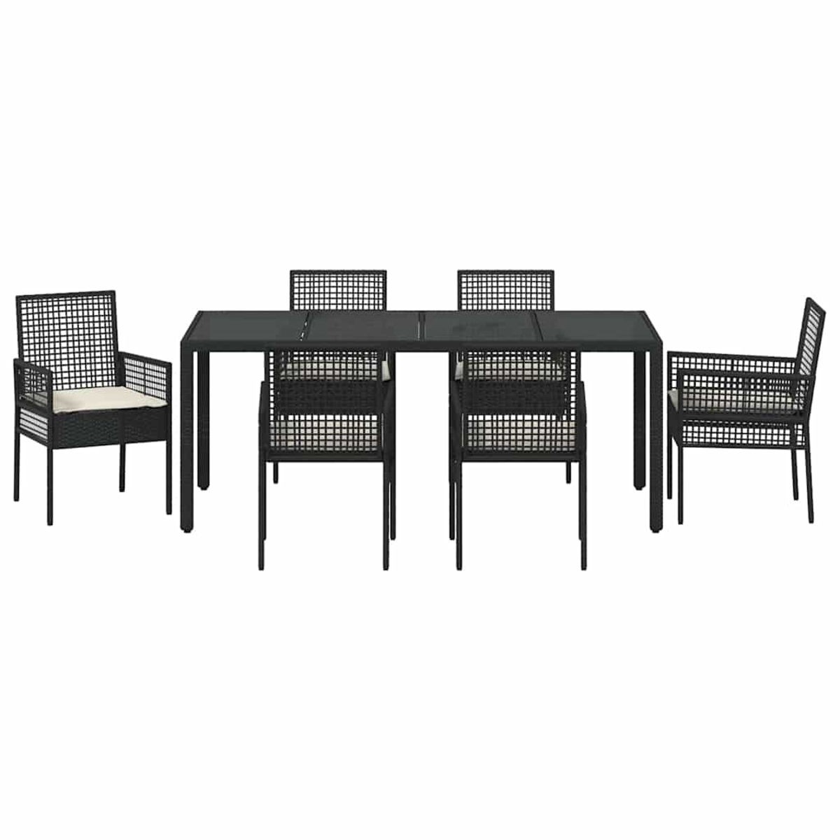 Schwarzes Terrassenmöbel-Set: ein rechteckiger Tisch mit sechs Stühlen. Zwei Sessel und vier Stühle mit gewebten Rückenlehnen und cremefarbenen Kissen.