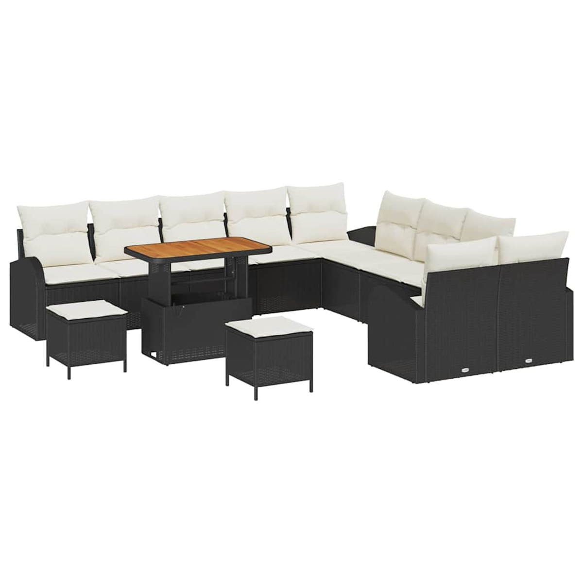 Set divano componibile da esterno con cuscini color crema, vimini nero e tavolo con piano in legno. Include due pouf.