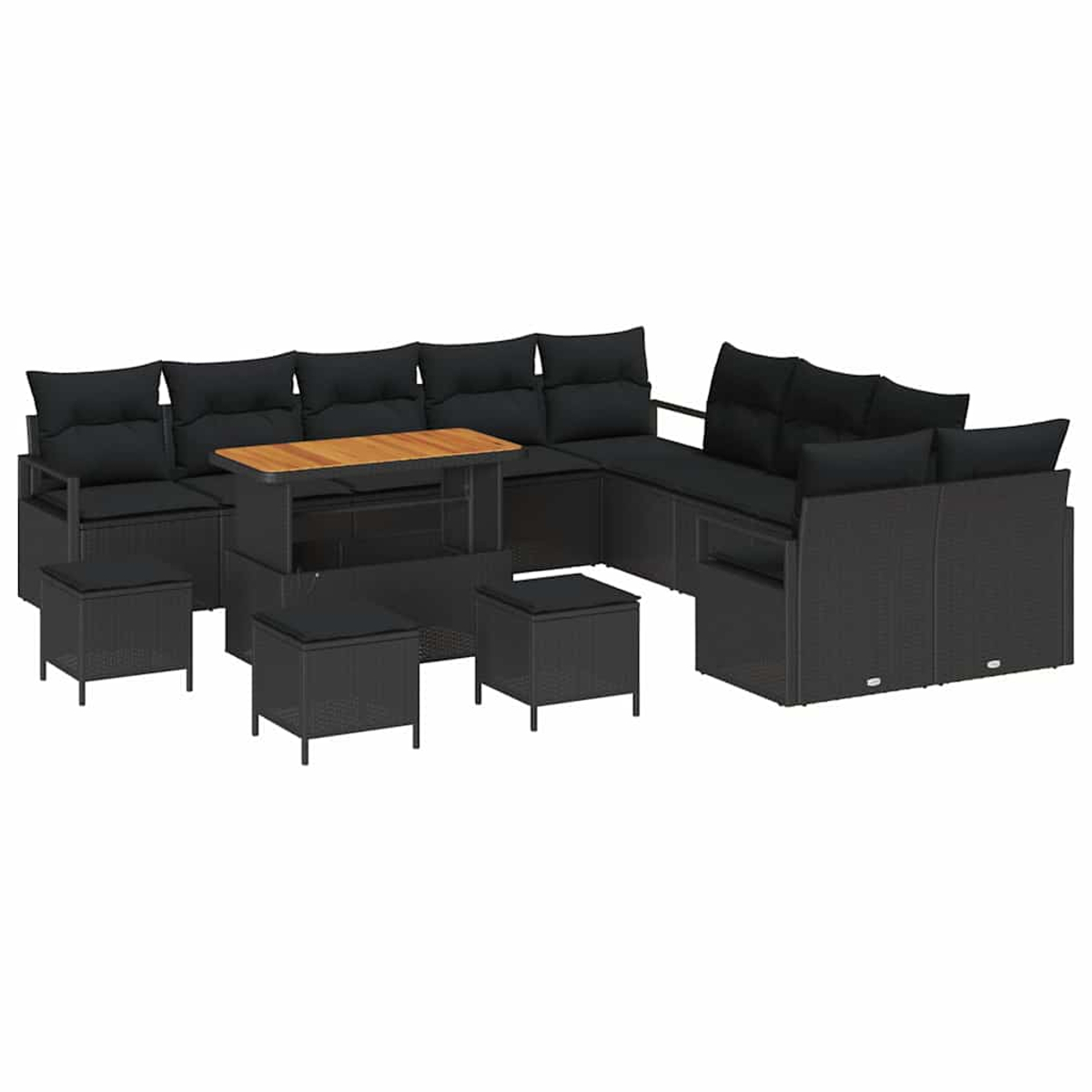 Un divano angolare nero da esterno con cuscini e un tavolo in legno. Ci sono anche diversi piccoli pouf quadrati neri.