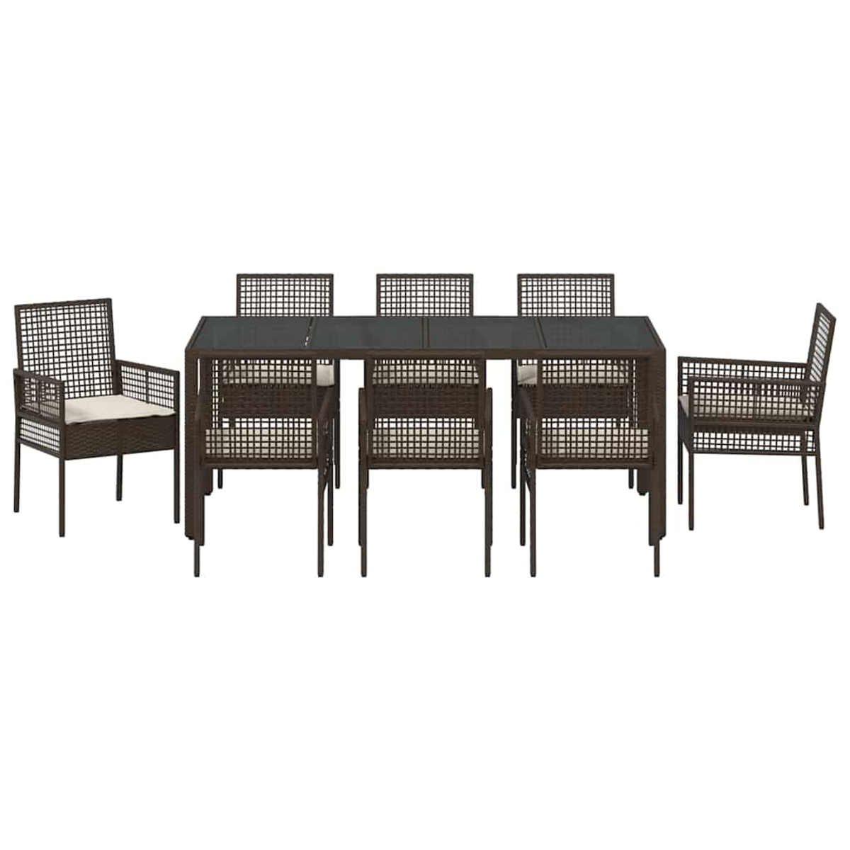 Un juego de comedor de patio marrón con una mesa rectangular y seis sillas, todas hechas de material tejido con cojines, sobre un fondo blanco.