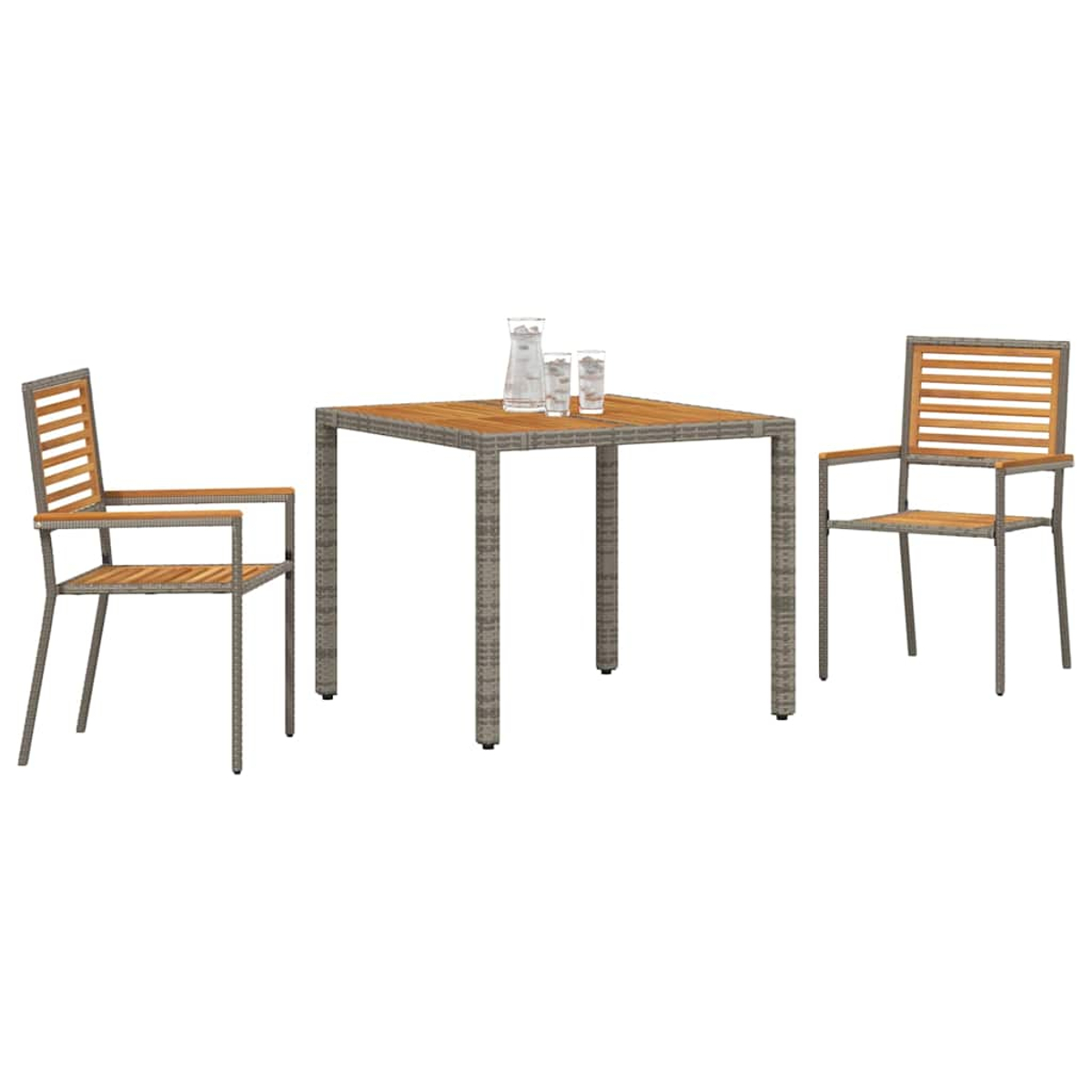 Garten-Essgruppe mit quadratischem Tisch, zwei Stühlen und Wasserkrug mit Gläsern. Grau- und Holztöne.