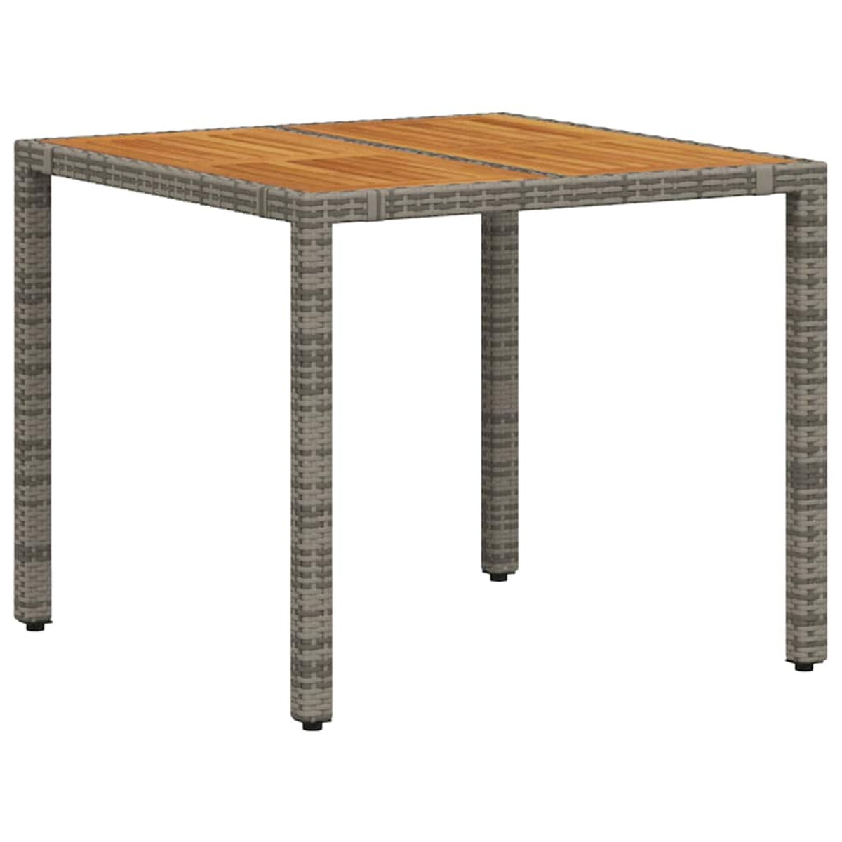 Ein quadratischer Gartentisch. Die Tischplatte ist aus Holz, der Rahmen und die Beine sind aus grau gewebtem Material.