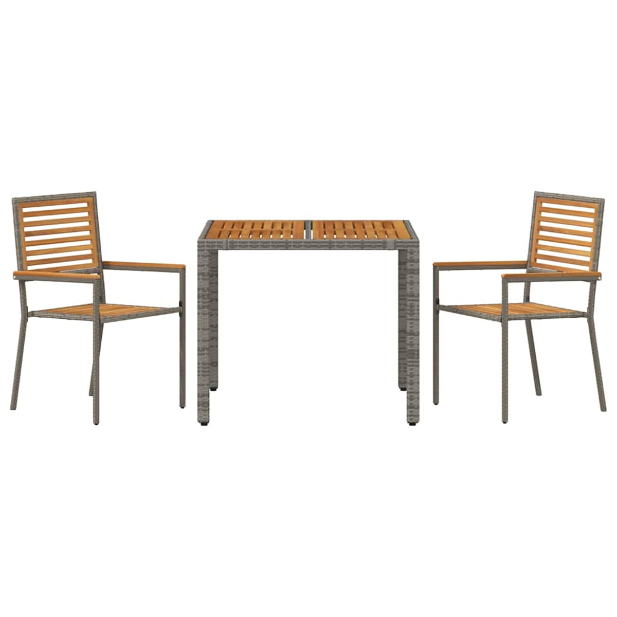 Ein Terrassenset mit einem rechteckigen Tisch und zwei Sesseln. Tisch und Stühle haben Holzlatten und graue Rahmen.