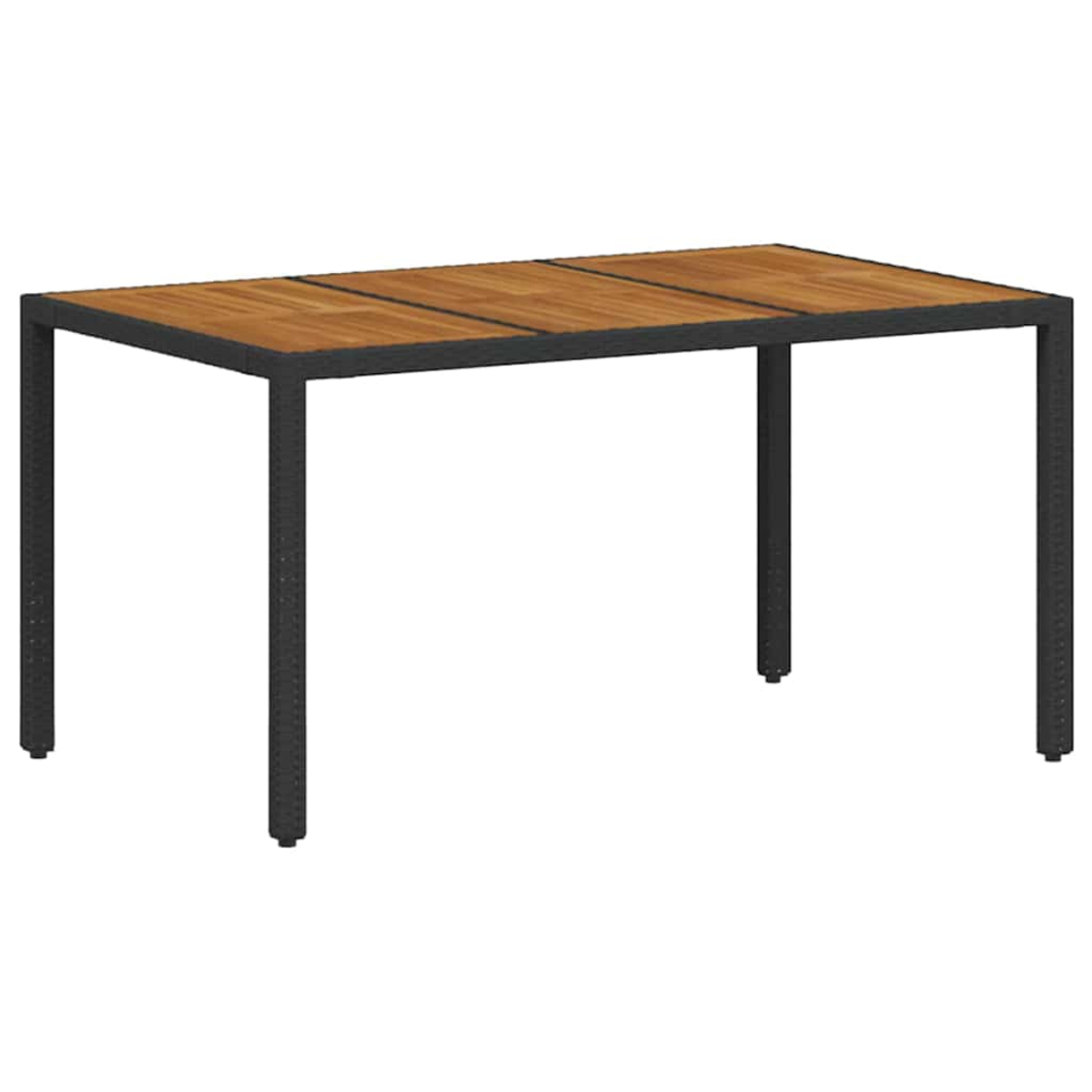 Holztisch mit schwarzem Metallrahmen. Die Tischplatte besteht aus Holzbohlen. Die Beine sind zylindrisch.