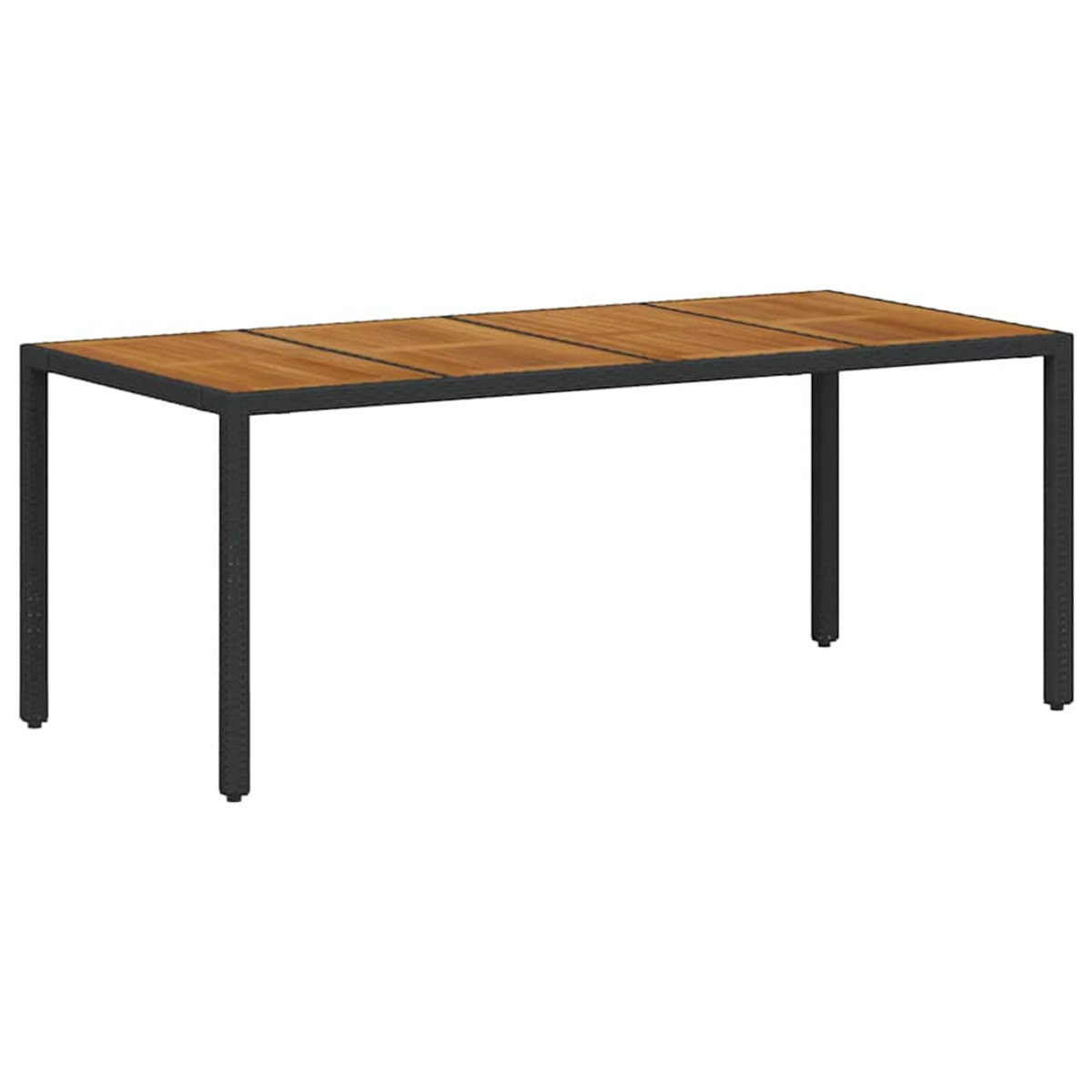 Ein rechteckiger Gartentisch. Er hat eine braune Holzplatte und schwarze Metallbeine. Der Rahmen ist ebenfalls schwarz.