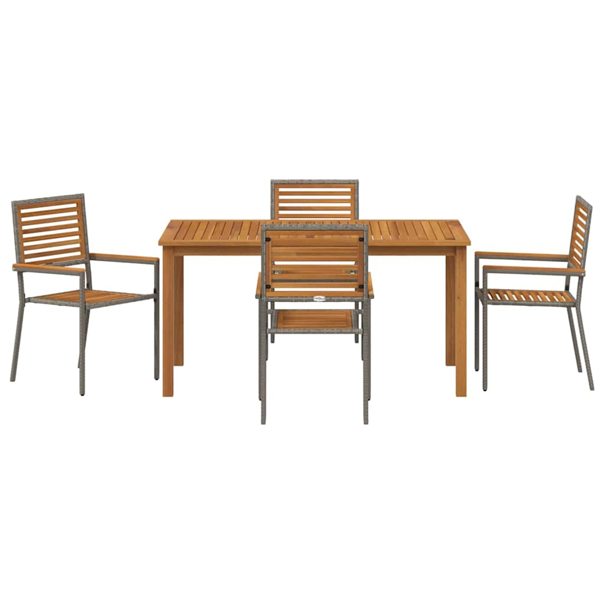 Ein Holztisch und vier Stühle. Die Stühle haben graue Rahmen und Holzlatten. Der Tisch ist rechteckig mit Holzlatten.