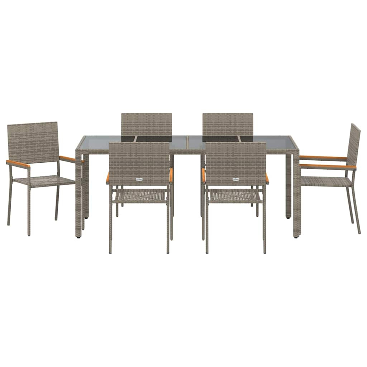 Ein Ess-Set mit einem Tisch mit Glasplatte und sechs Stühlen. Holzarmlehnen und graue Metallrahmen sind sichtbar.