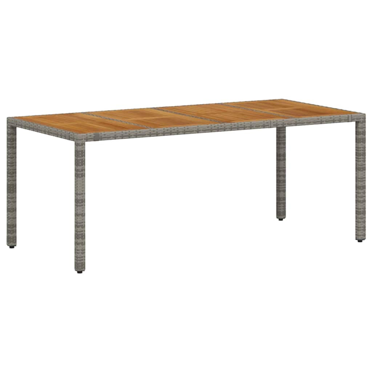 Ein rechteckiger Gartentisch mit Holzplatte und grauen Beinen. Der Tisch ist leer und steht vor weißem Hintergrund.
