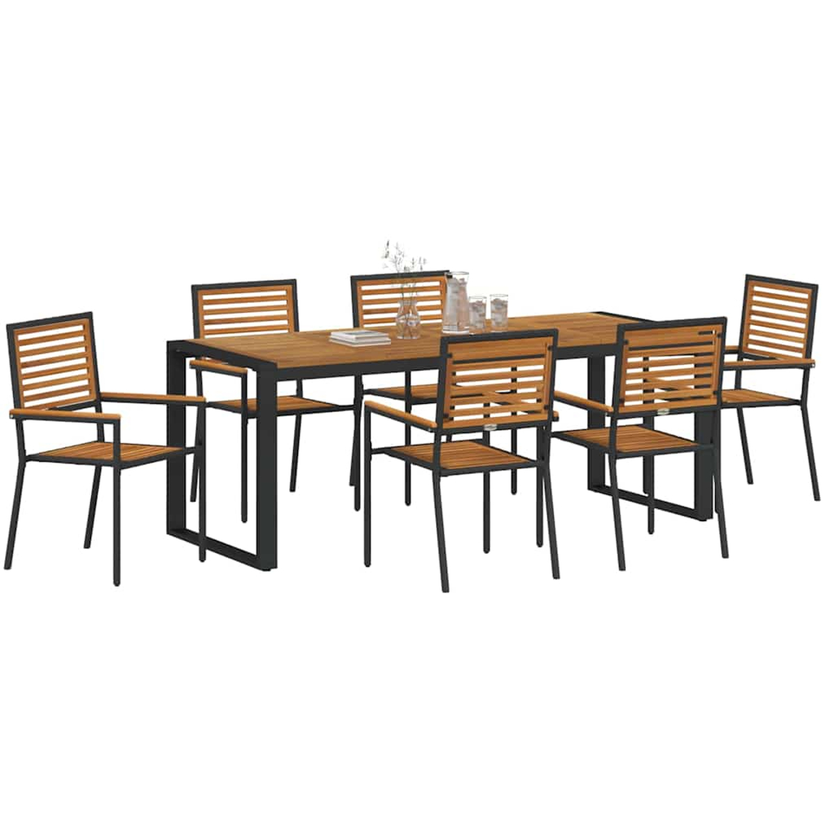 Ein Esstisch-Set aus Holz für den Außenbereich mit einem rechteckigen Tisch und sechs Stühlen. Der Tisch hat eine braune Platte und schwarze Beine. Stühle sind Latten.