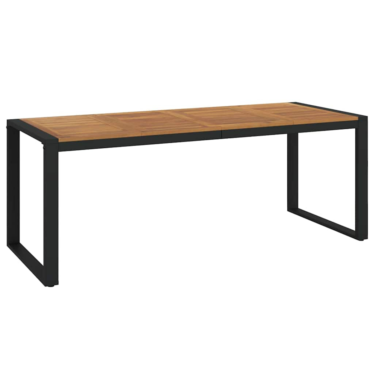 Ein rechteckiger Tisch mit Holzplatte und schwarzen Metallbeinen. Der Tisch ist leer und vor weißem Hintergrund.