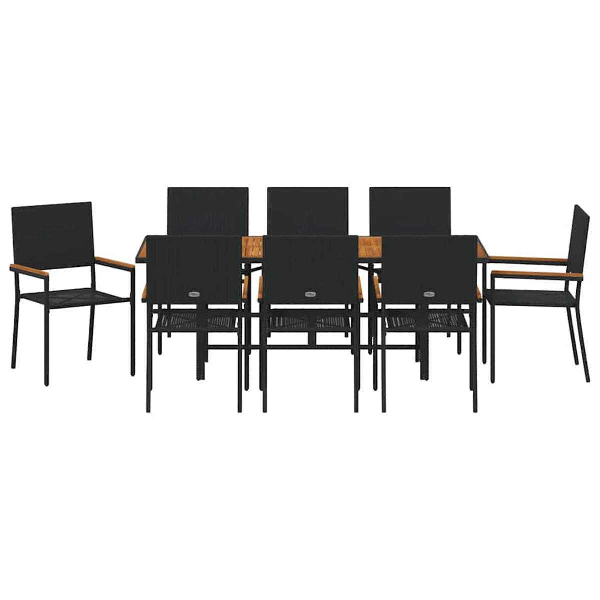 Un set da pranzo con tavolo in legno e otto sedie nere, su sfondo bianco. Le sedie hanno braccioli in legno.