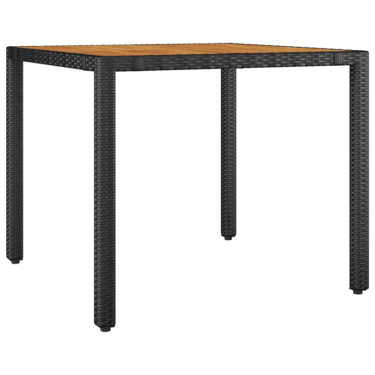 Ein quadratischer Tisch mit Holzplatte und schwarzen gewebten Beinen. Der Tisch ist leer, vor weißem Hintergrund.
