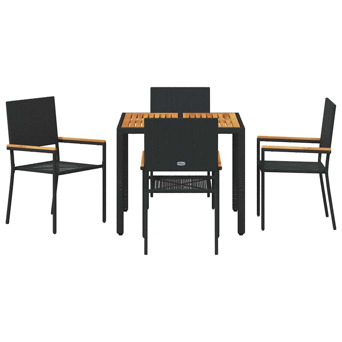 Ein schwarzes Ess-Set für den Außenbereich mit quadratischem Tisch und vier Stühlen, alle aus Metall und Holz.