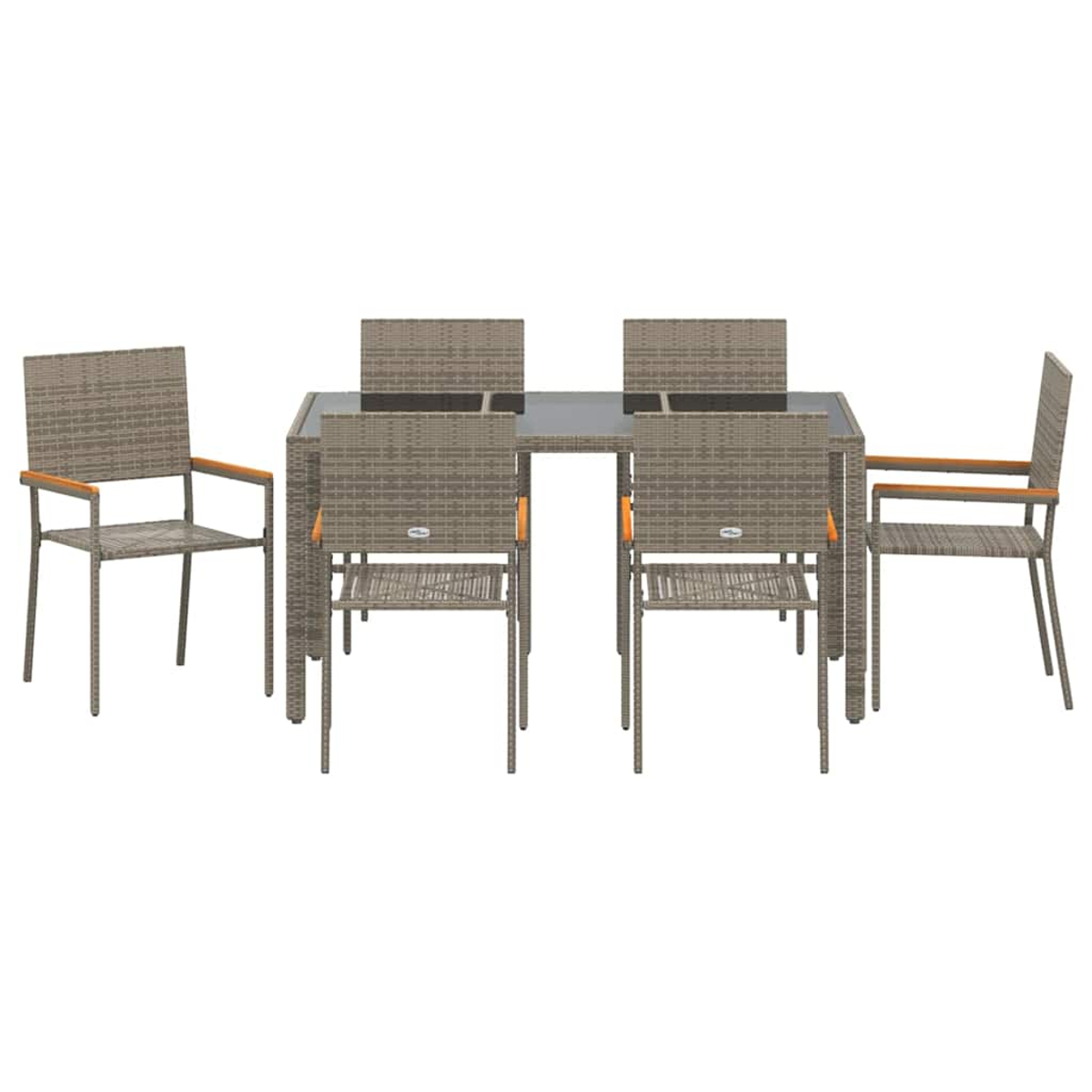 Graues Korbmöbel-Set auf weißem Hintergrund. Es umfasst einen Tisch und vier Stühle mit Holzarmlehnen. Der Tisch hat eine Glasplatte.