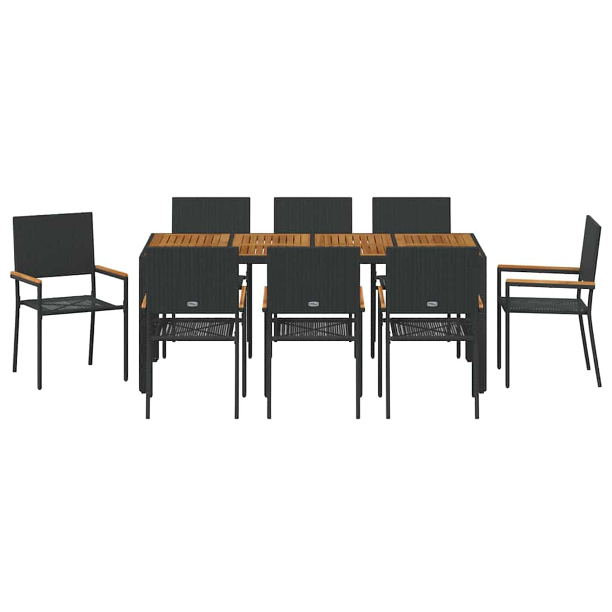 Ein Ess-Set für den Außenbereich auf weißem Hintergrund. Es umfasst einen Holztisch mit 8 schwarzen Stühlen, jeweils mit Armlehnen. Die Stühle sind um den Tisch angeordnet.