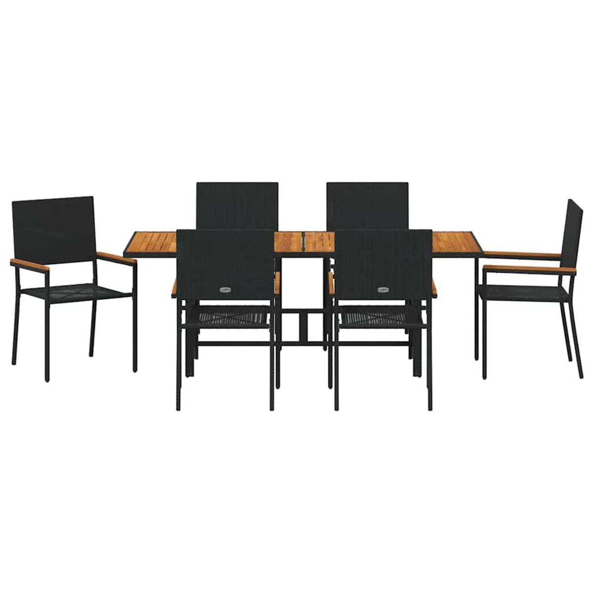 Una mesa de madera con seis sillas negras. Las sillas tienen marcos negros y asientos tejidos. La mesa tiene una tapa de madera.