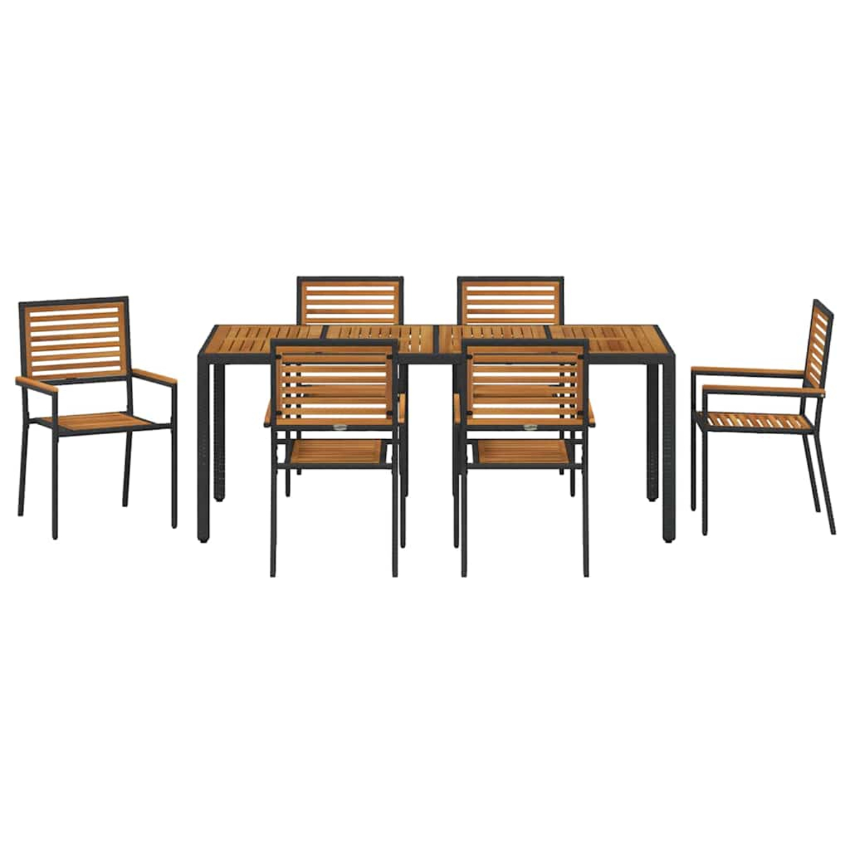 Ein Esstisch-Set mit einem rechteckigen Tisch und sechs Stühlen. Die Stühle und der Tisch haben Holzlatten, schwarze Rahmen, vor weißem Hintergrund.