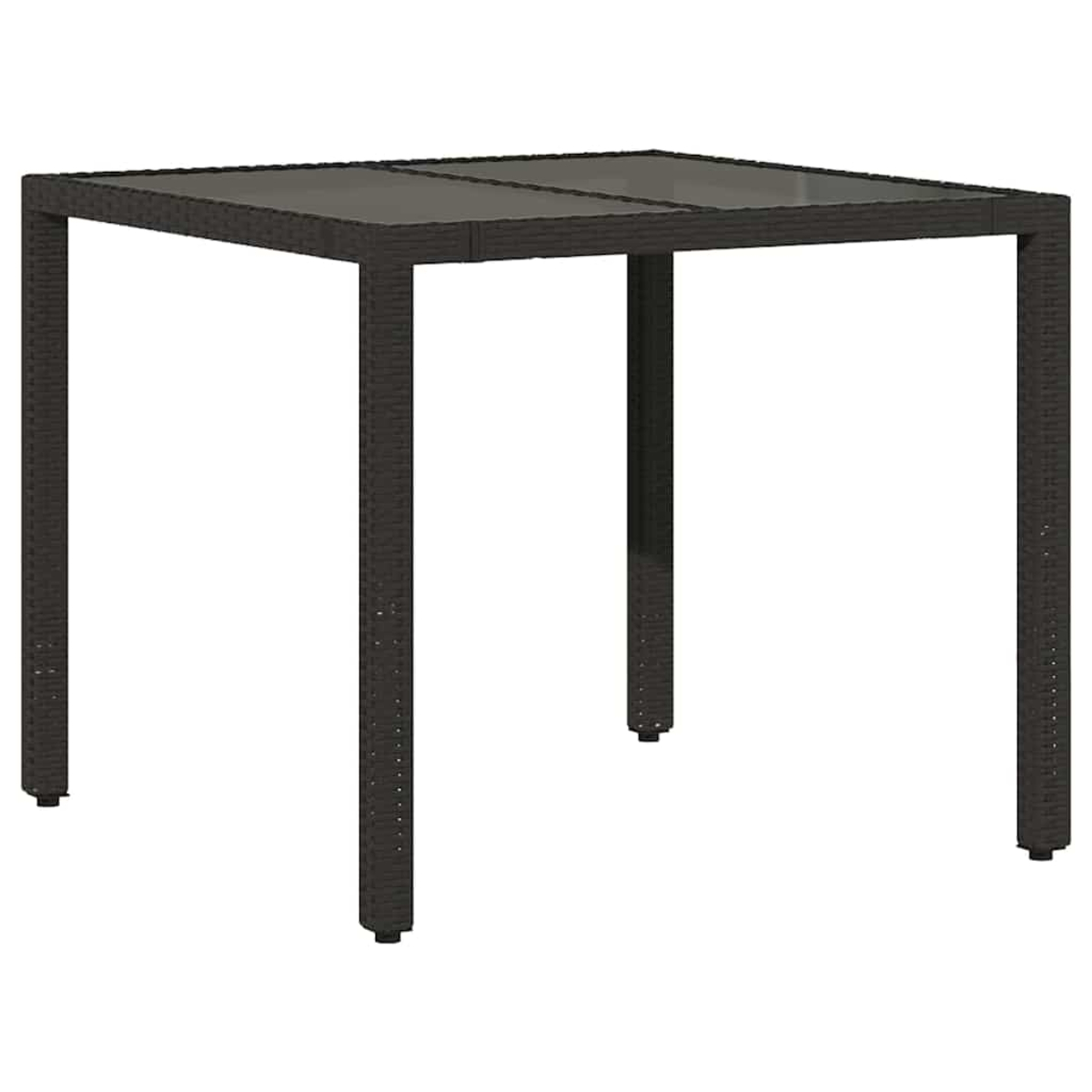 Ein quadratischer Gartentisch mit dunkelbraunen, gewebten Beinen und einer Glasplatte, vor weißem Hintergrund.