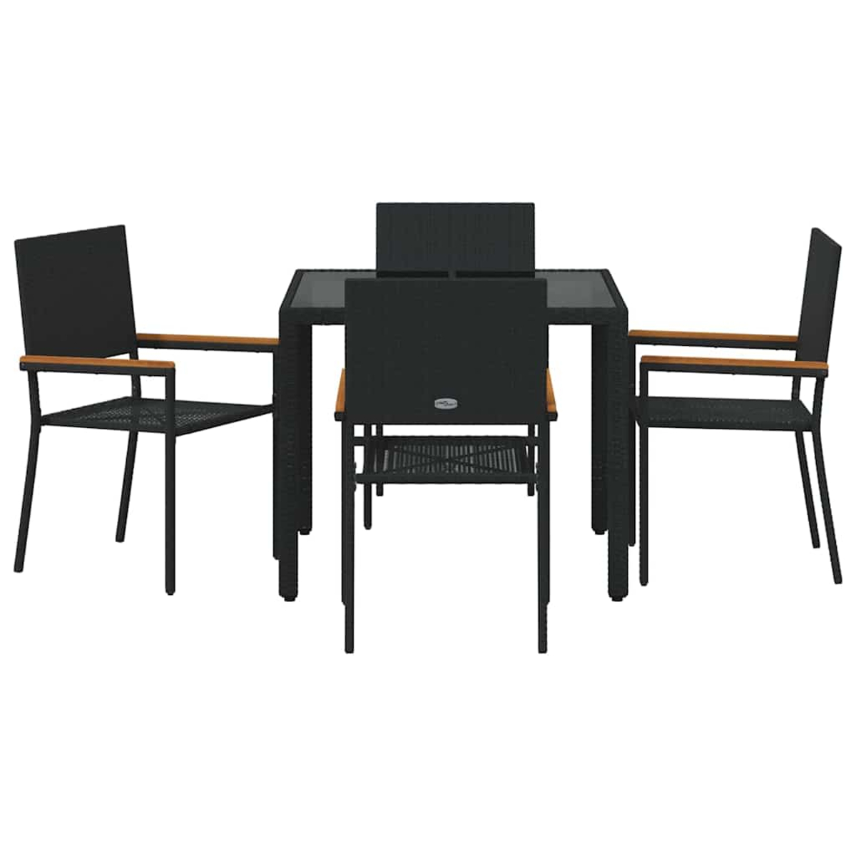 Ein schwarzes Esszimmerset für den Außenbereich mit einem quadratischen Tisch und vier Stühlen, alle mit wickerartiger Struktur.