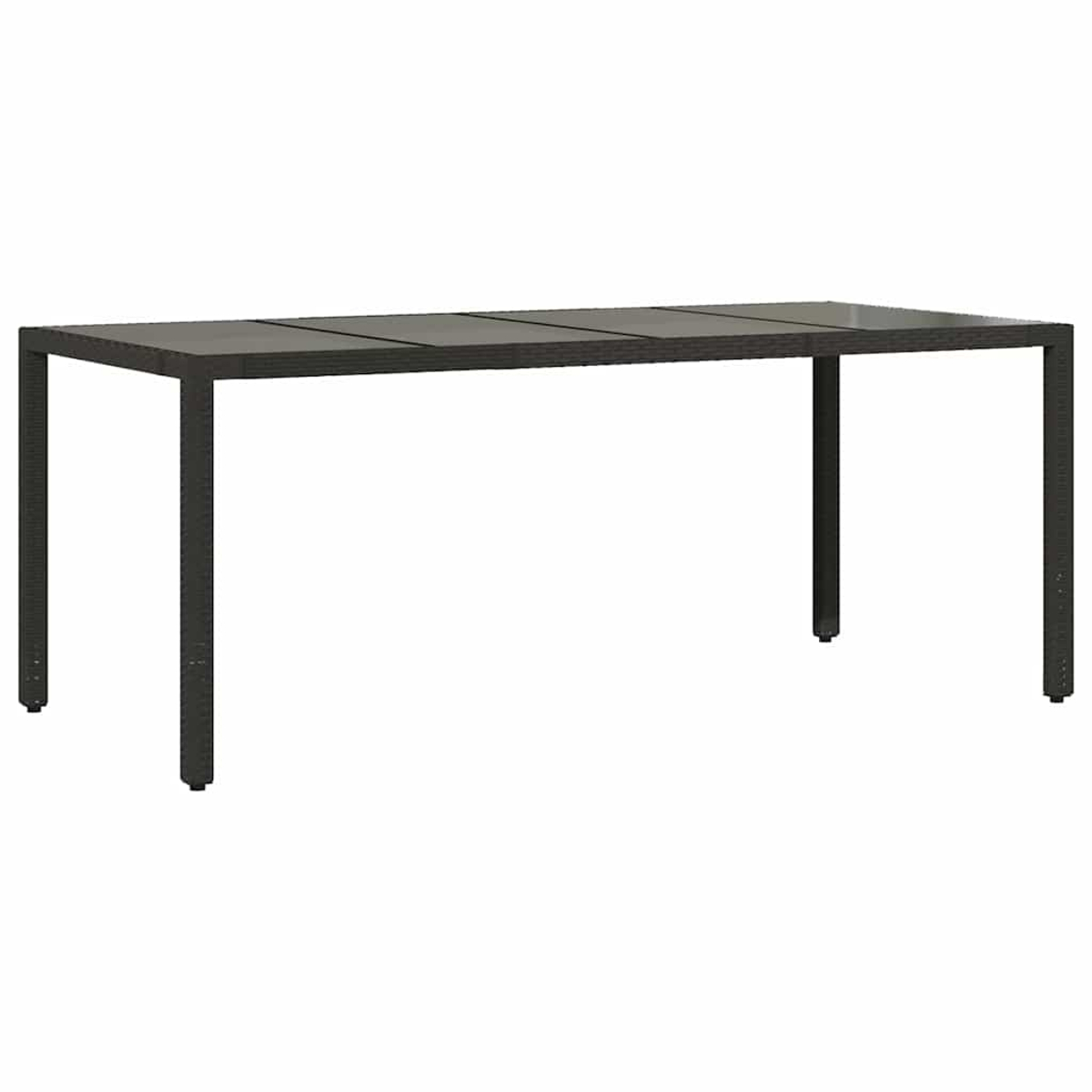 Ein langer, dunkler rechteckiger Tisch mit vier Beinen. Die Tischplatte ist in Abschnitte unterteilt. Die Beine sind dunkel und robust, der Hintergrund ist weiß.