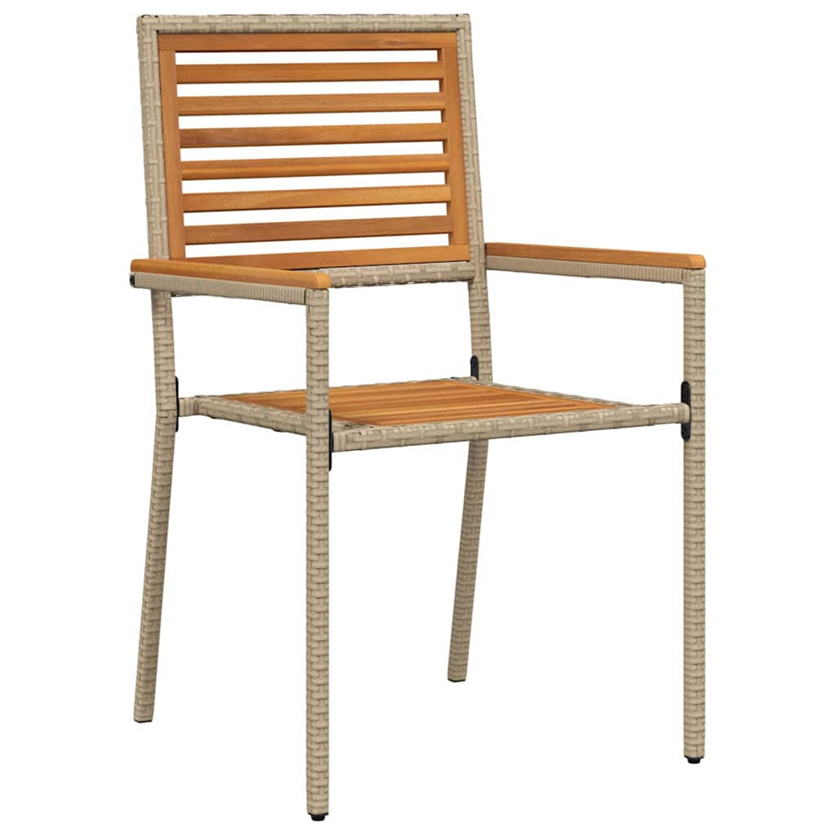 Una sedia da esterno marrone chiaro con doghe di legno sullo schienale e sulla seduta. Il telaio è beige.