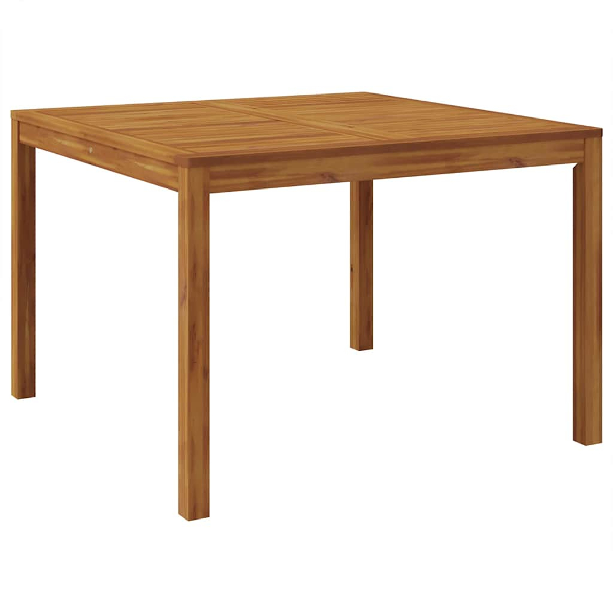 Ein quadratischer Holztisch mit vier Beinen. Der Tisch ist braun und vor einem weißen Hintergrund platziert. Der Tisch ist leer.
