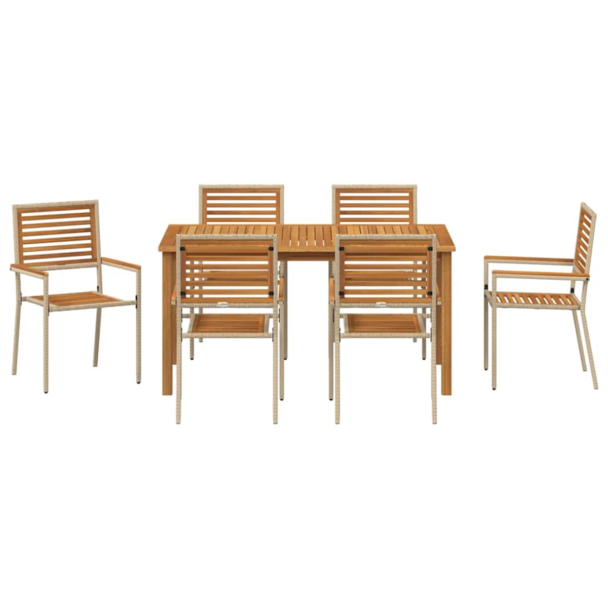 Un tavolo in legno con quattro sedie attorno. Le sedie e il tavolo sono in legno e metallo. Sfondo bianco.